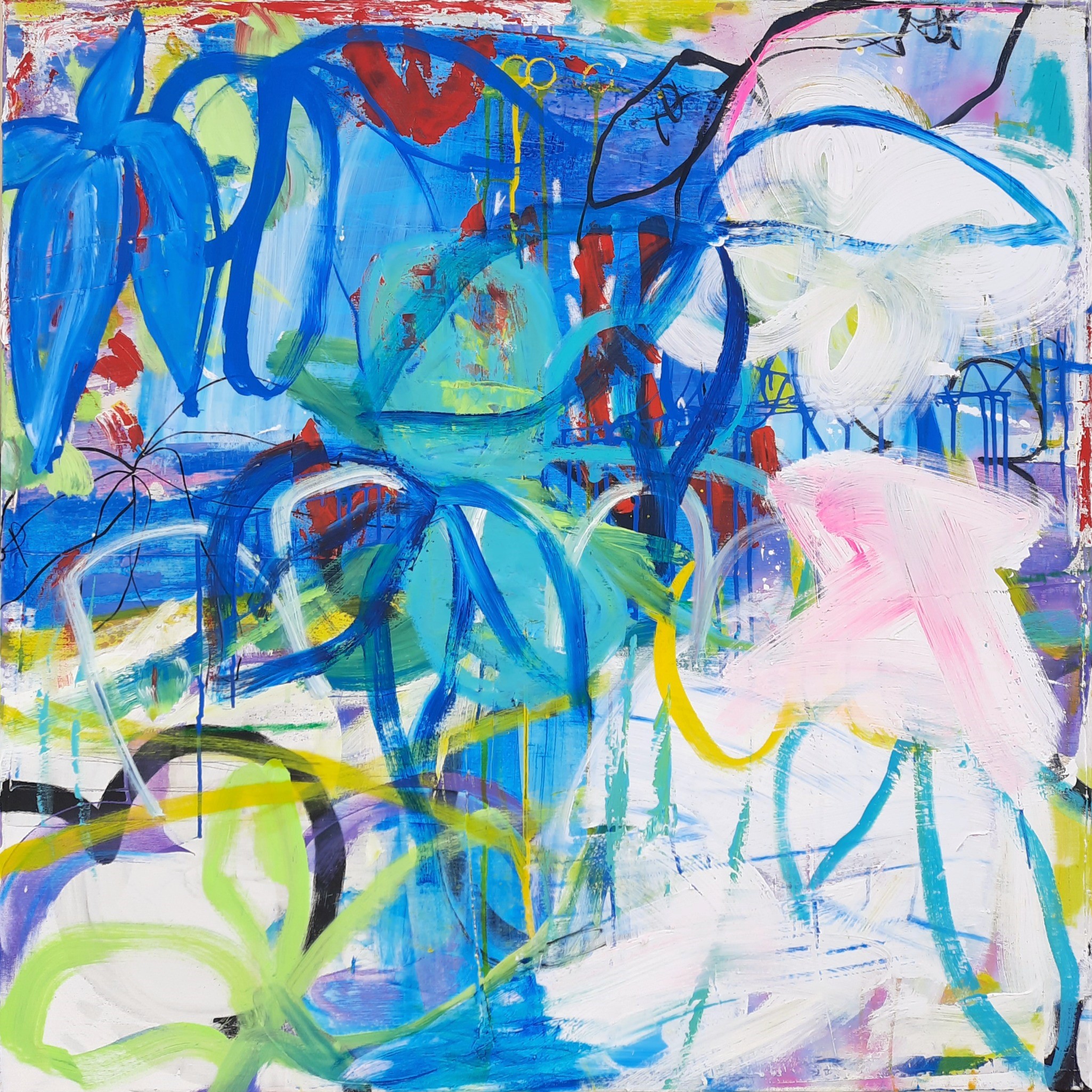 Toile contemporaine 100/100/4cm, acrylique, encres, peinture en bombe, 2023, Roxane Malu
