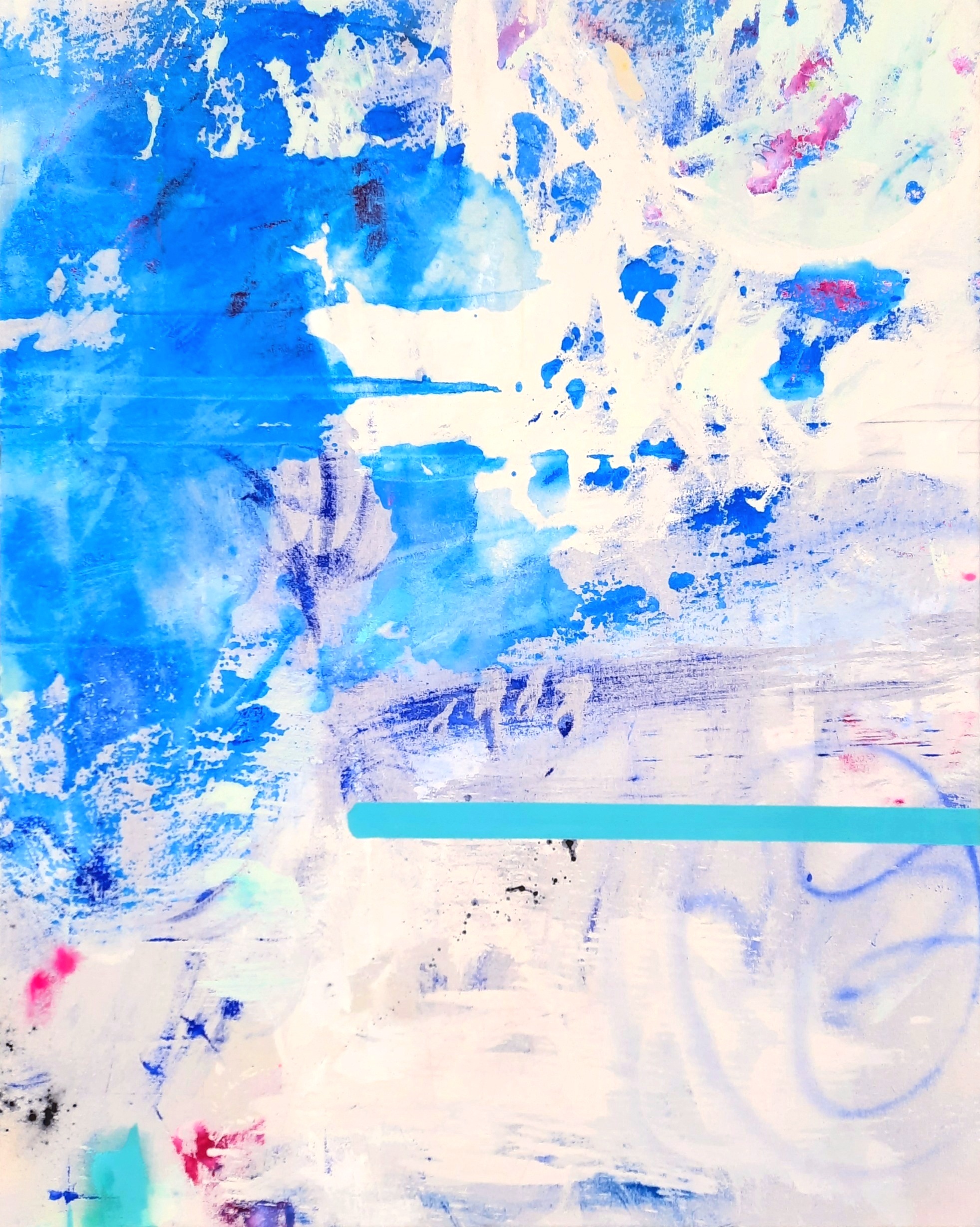 Oeuvre contemporaine 150/120/4cm, acrylique, encres, marqueurs, peinture en bombe sur toile de coton brut, 2024, Roxane Malu