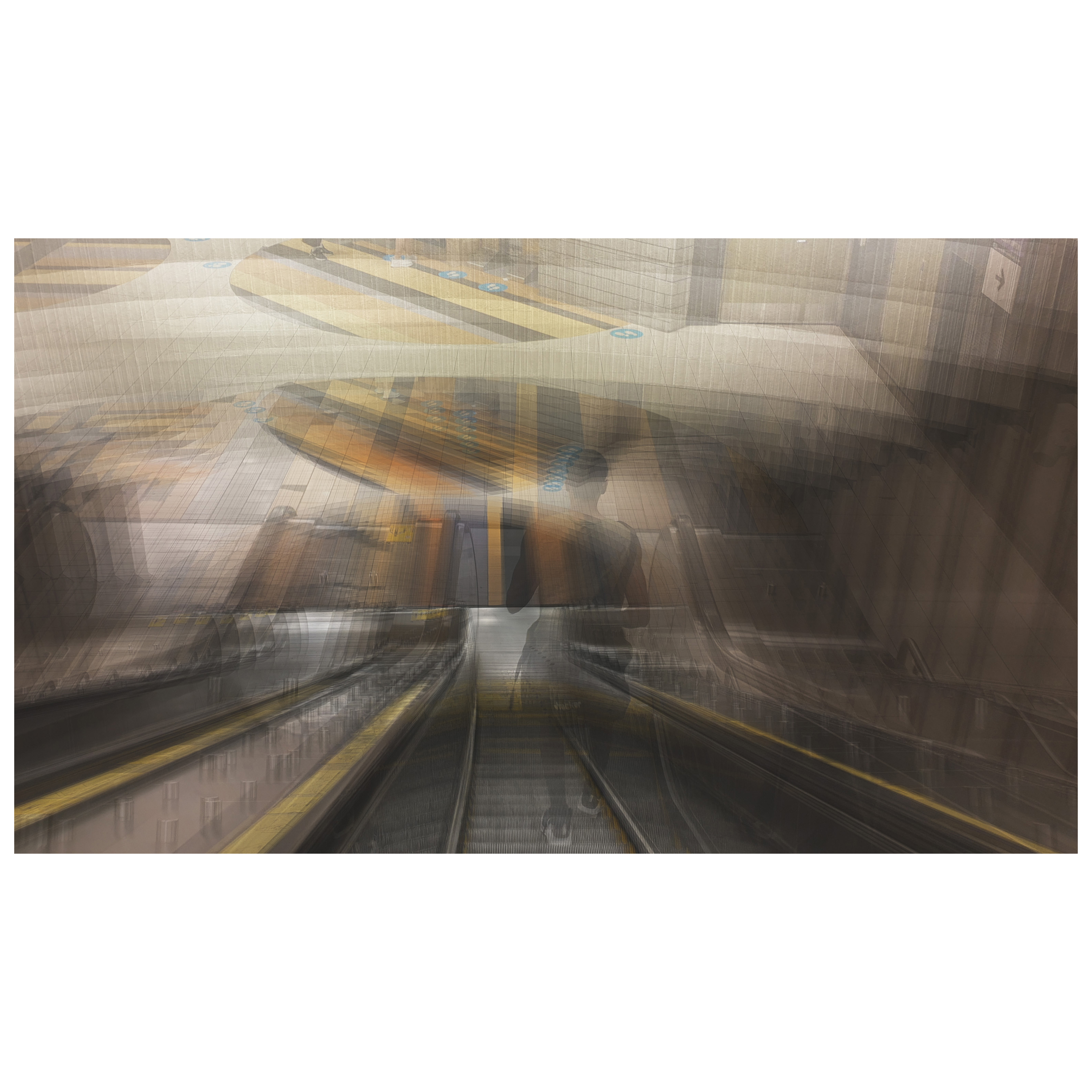 A multilayered photo of a metro station escalator with someone running down