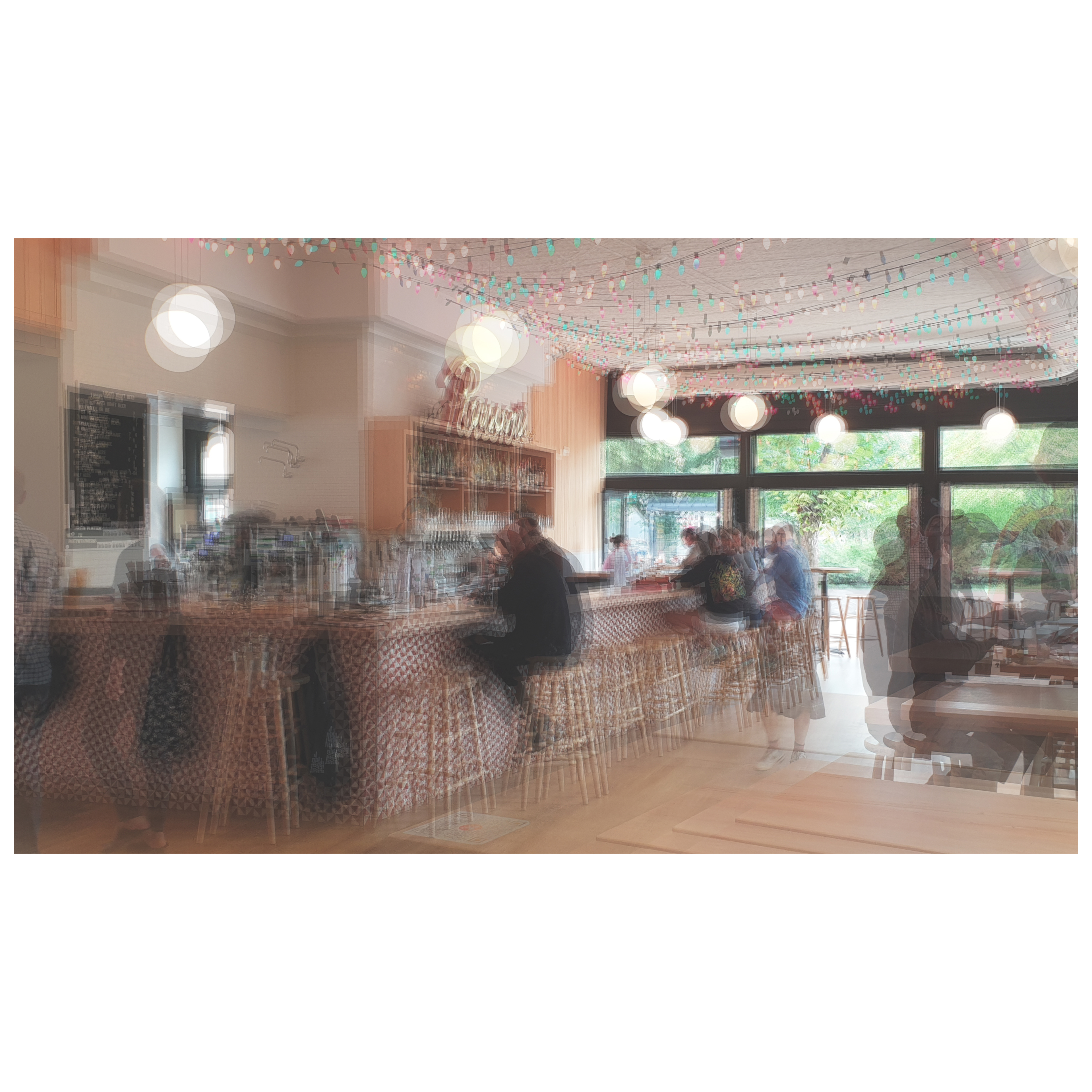 A multilayered photo of a typical american restaurant in Chicago