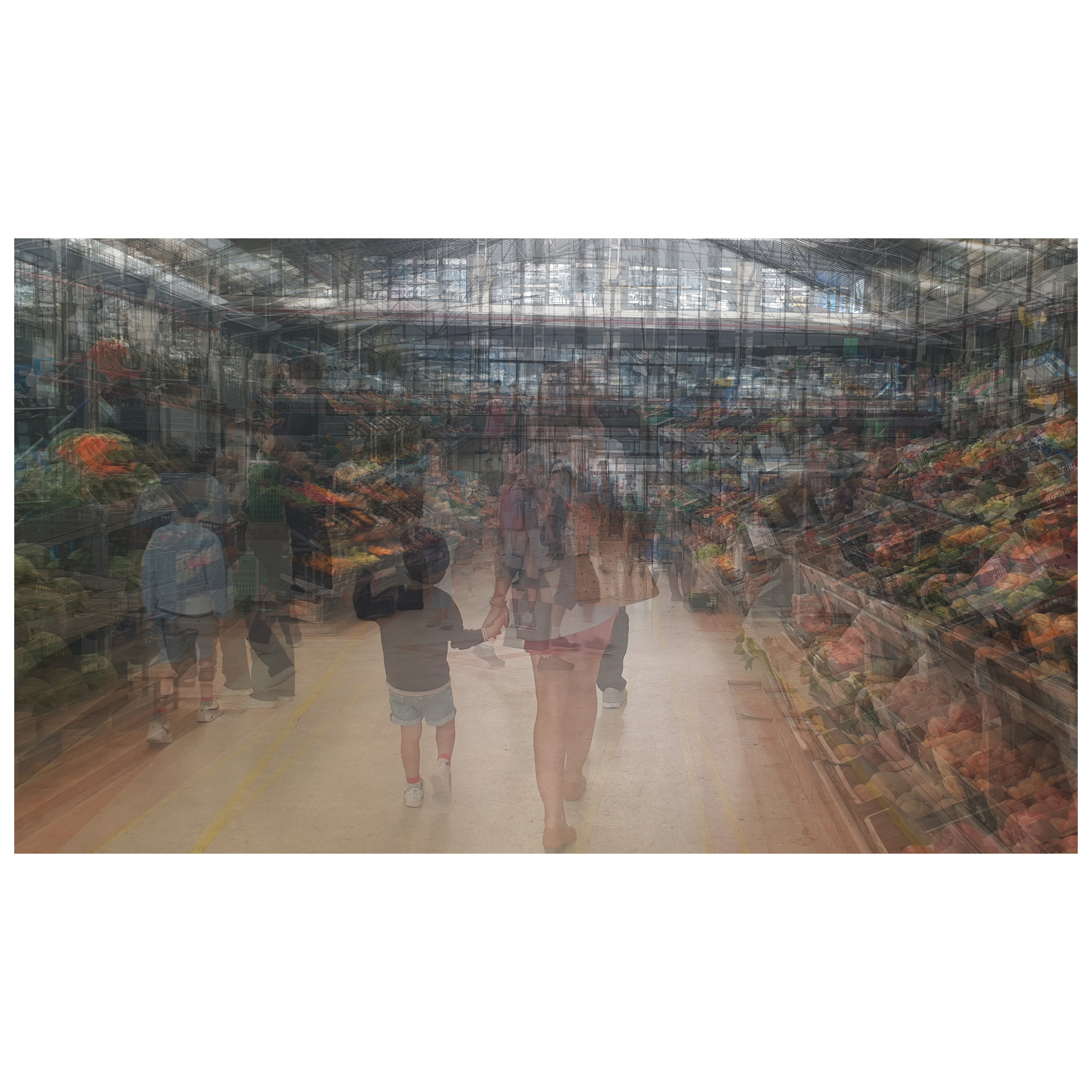 A multilayered photo of a mother and child in a market in Lisbon