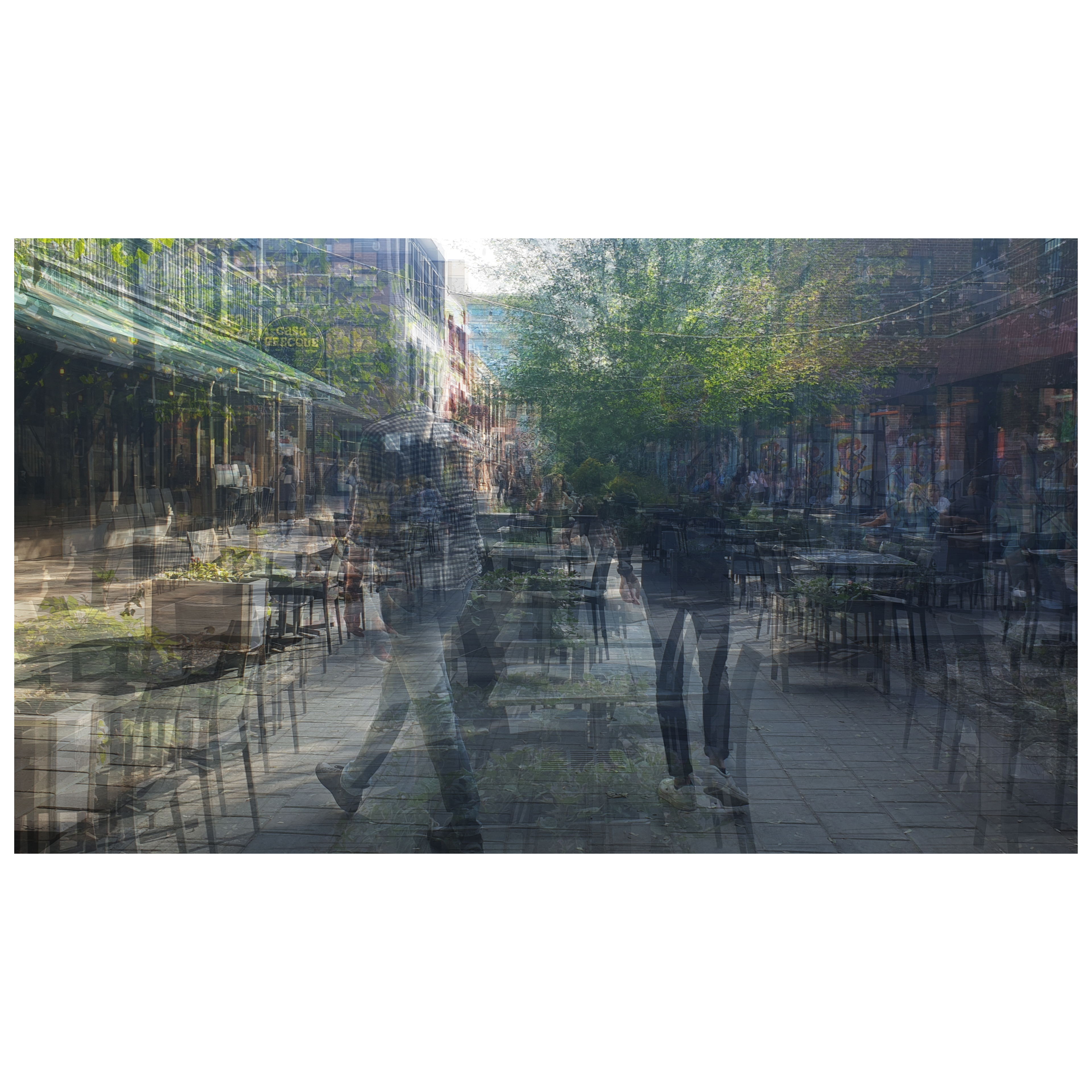 A multilayered photo of a open air restaurant area in Montreal