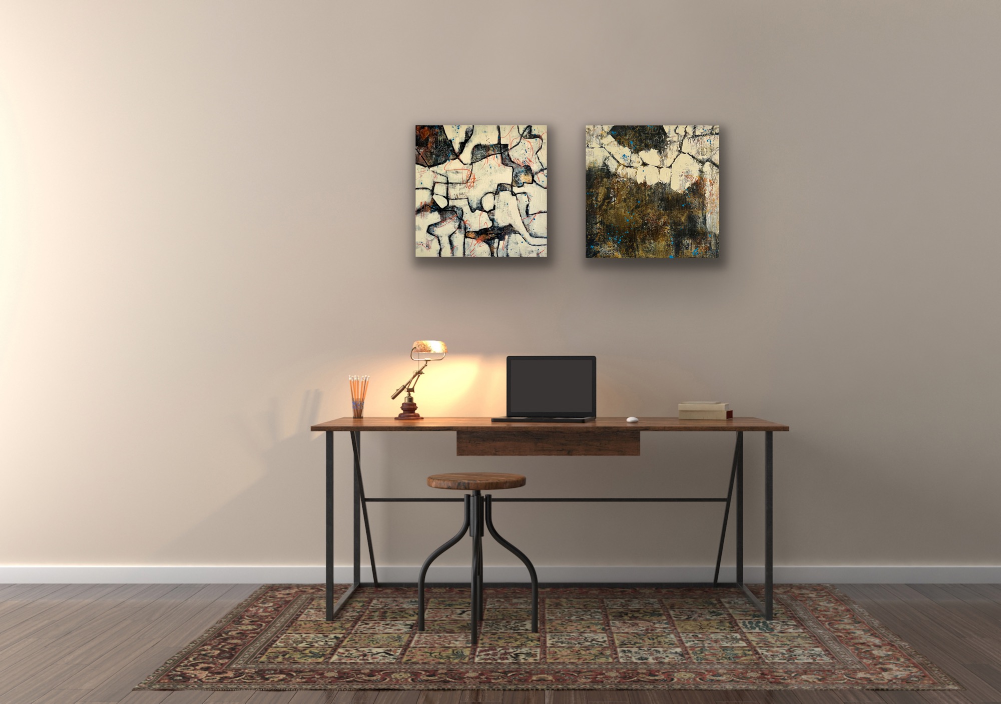 Two small black paintings hanging on a wall above a desk