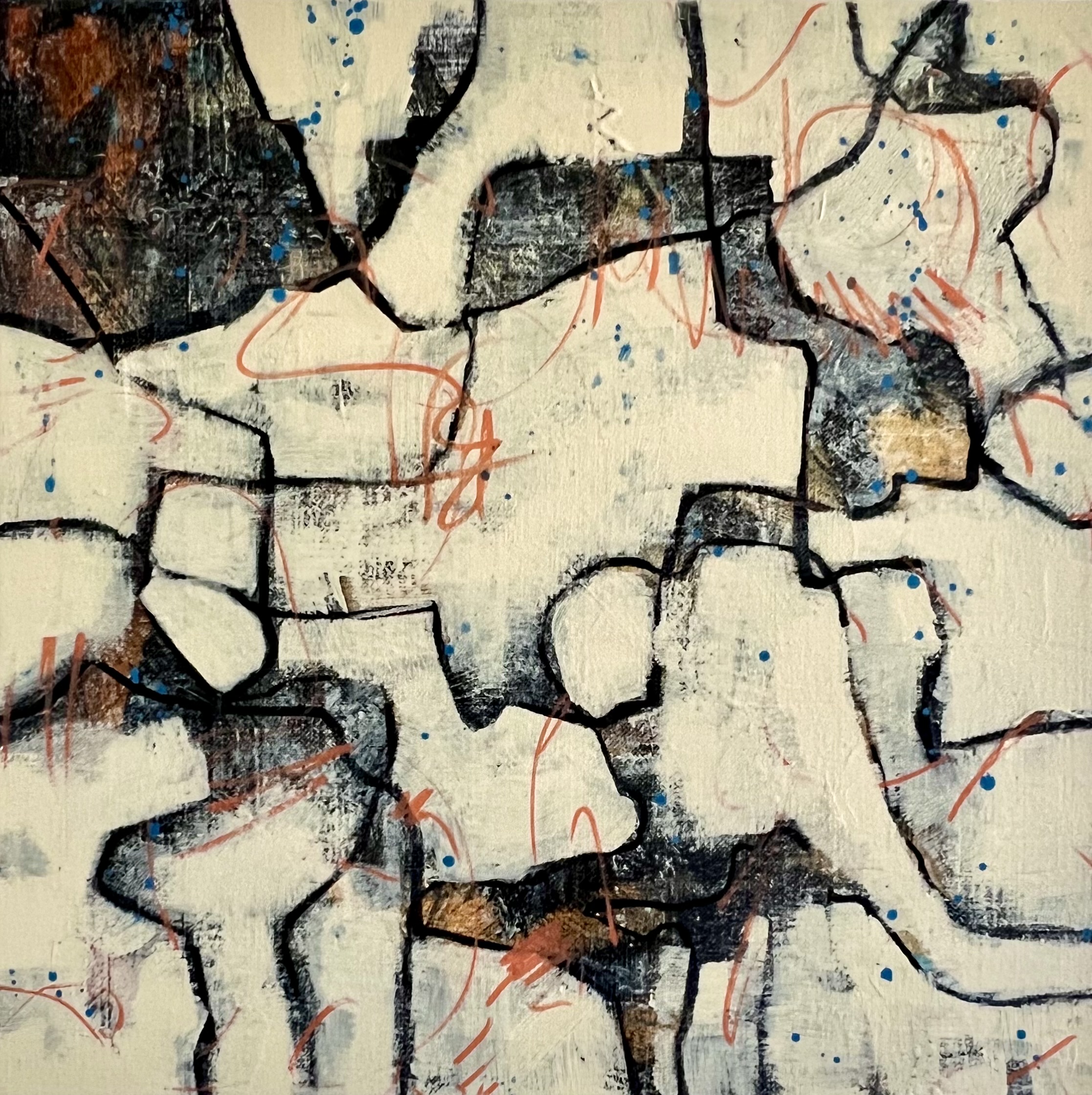 A small, square abstract painting in black and cream