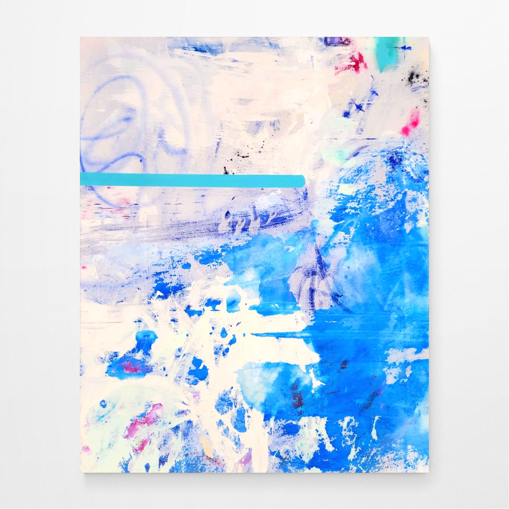 Oeuvre contemporaine 150/120/4cm, acrylique, encres, marqueurs, peinture en bombe sur toile de coton brut, 2024, Roxane Malu