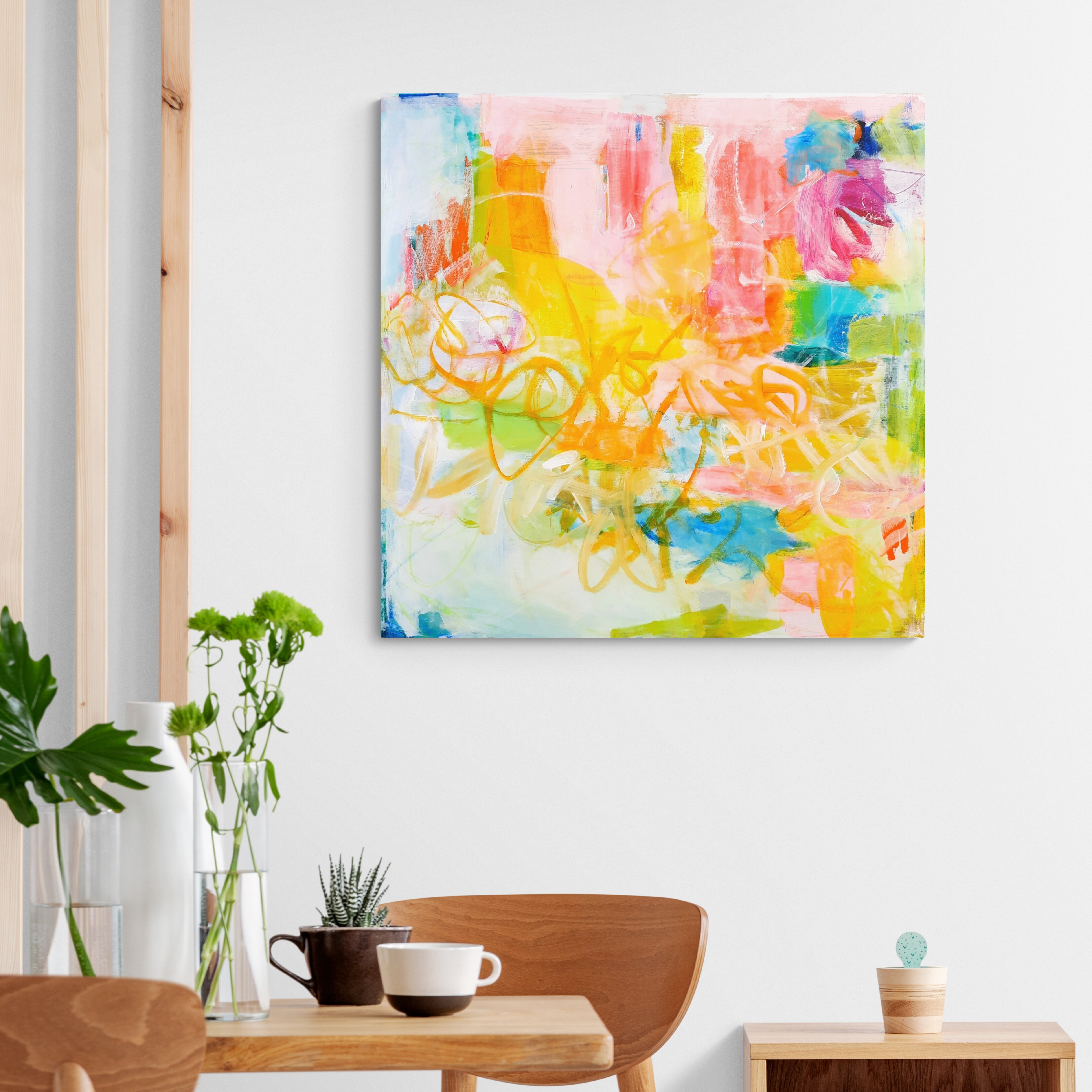 Toile contemporaine 90x90x2cm, acrylique, marqueurs, pastels, crayons, 2022, Roxane Malu