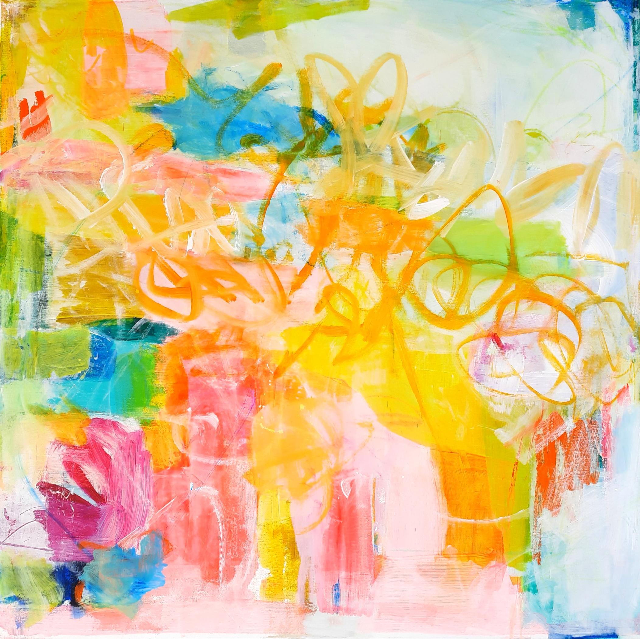 Toile contemporaine 90x90x2cm, acrylique, marqueurs, pastels, crayons, 2022, Roxane Malu