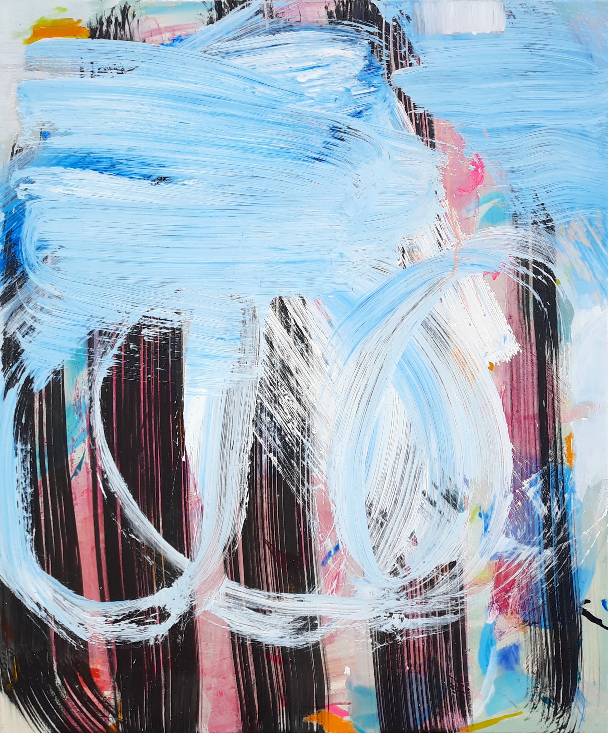 Toile contemporaine abstraite 120x100x4cm, acrylique, pastels et encre de Chine, signée Roxane Malu 2022