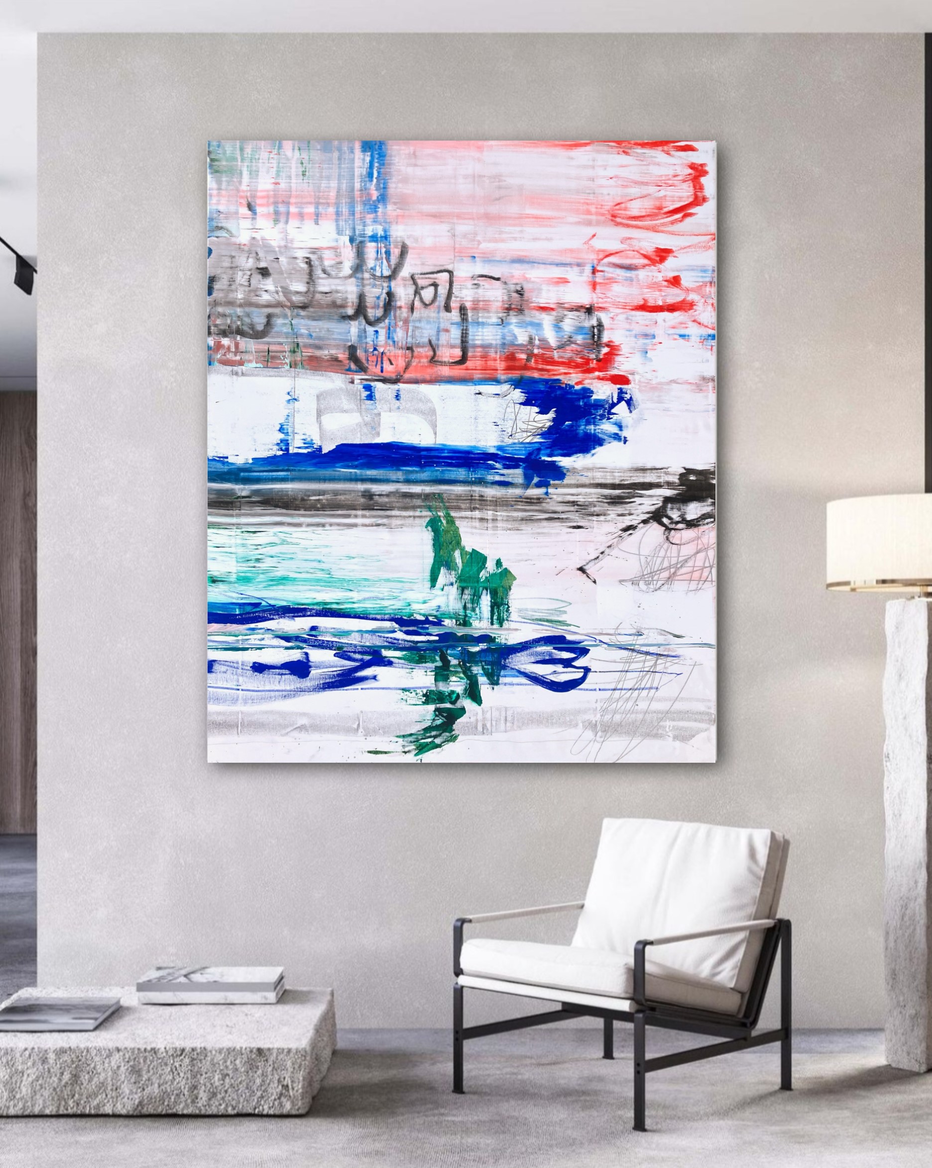 Oeuvre contemporaine 130/170/3cm, acrylique, encres, crayons, pastels sur toile, 2024, Roxane Malu