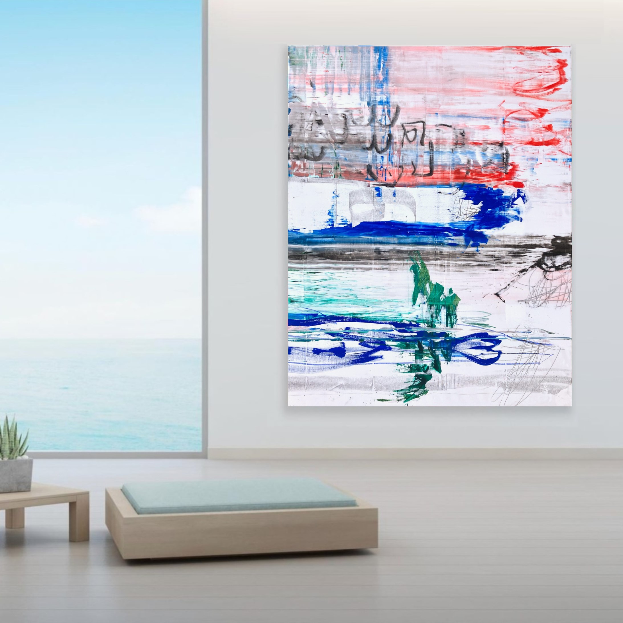 Oeuvre contemporaine 130/170/3cm, acrylique, encres, crayons, pastels sur toile, 2024, Roxane Malu