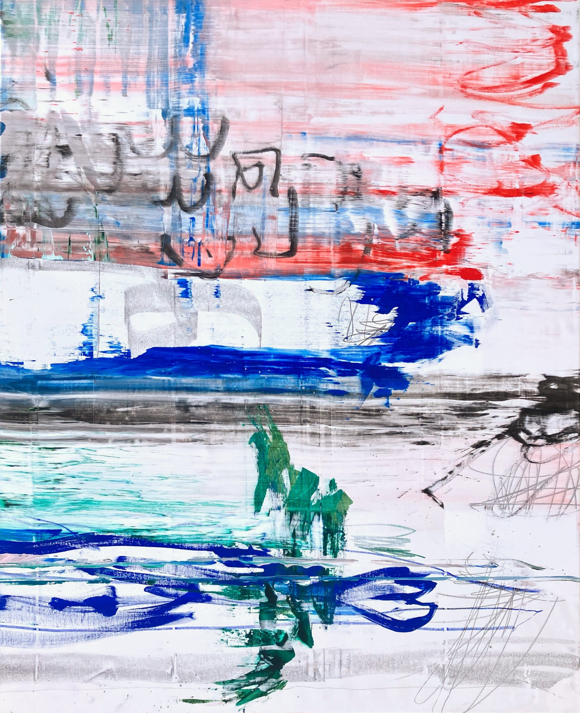 Oeuvre contemporaine 130/170/3cm, acrylique, encres, crayons, pastels sur toile, 2024, Roxane Malu