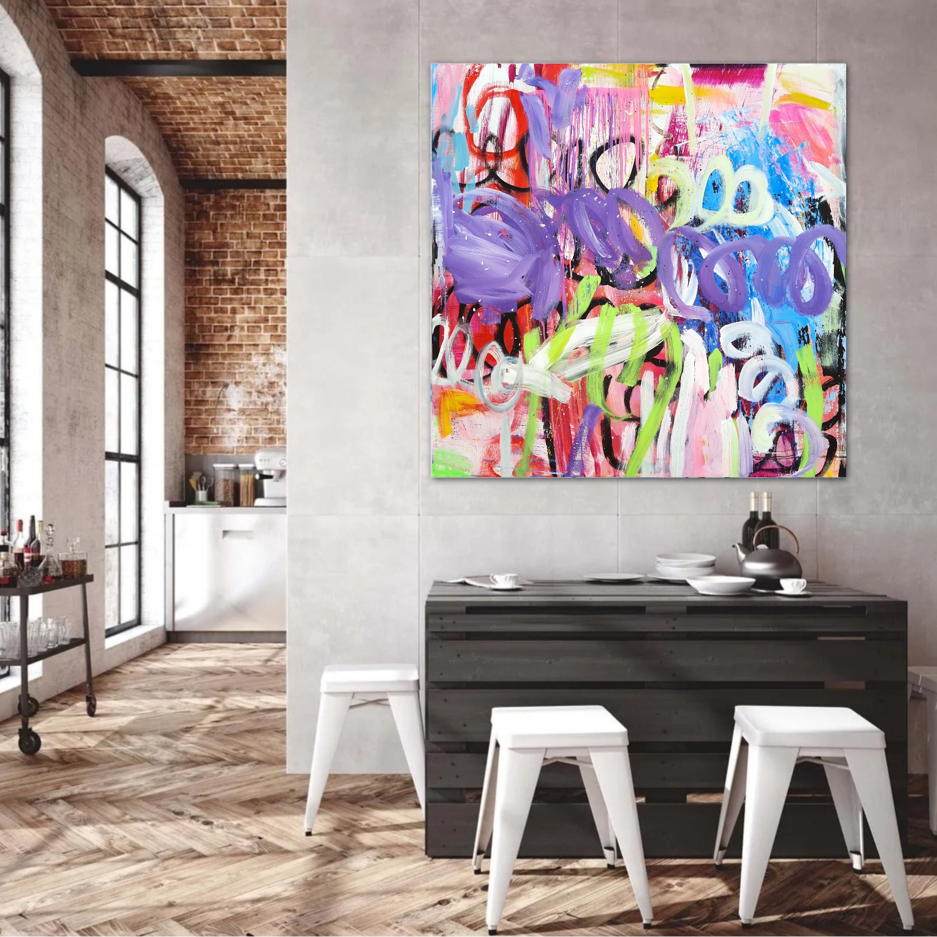 Toile contemporaine 120/120/3cm, acrylique et encres, 2023, Roxane Malu