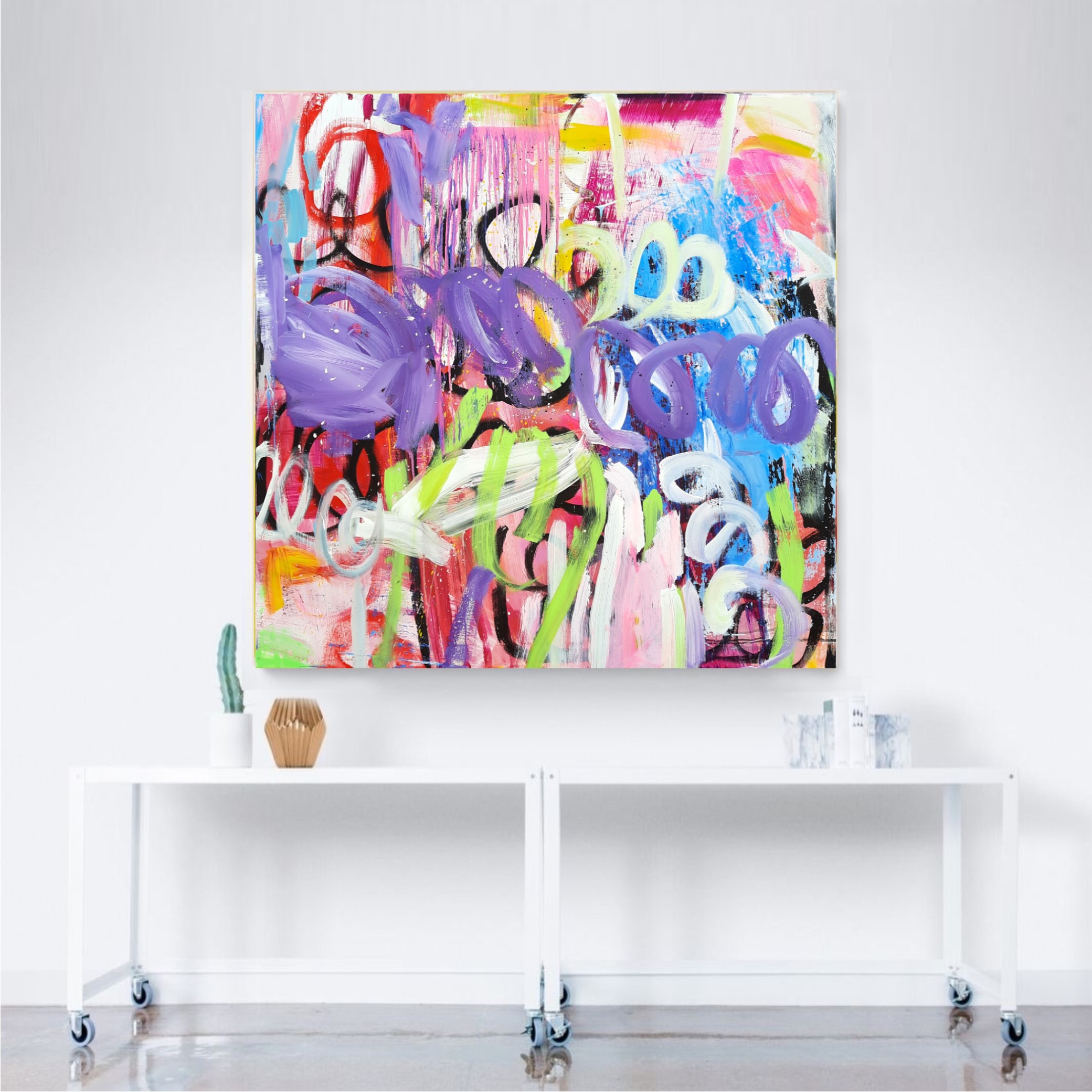 Toile contemporaine 120/120/3cm, acrylique et encres, 2023, Roxane Malu
