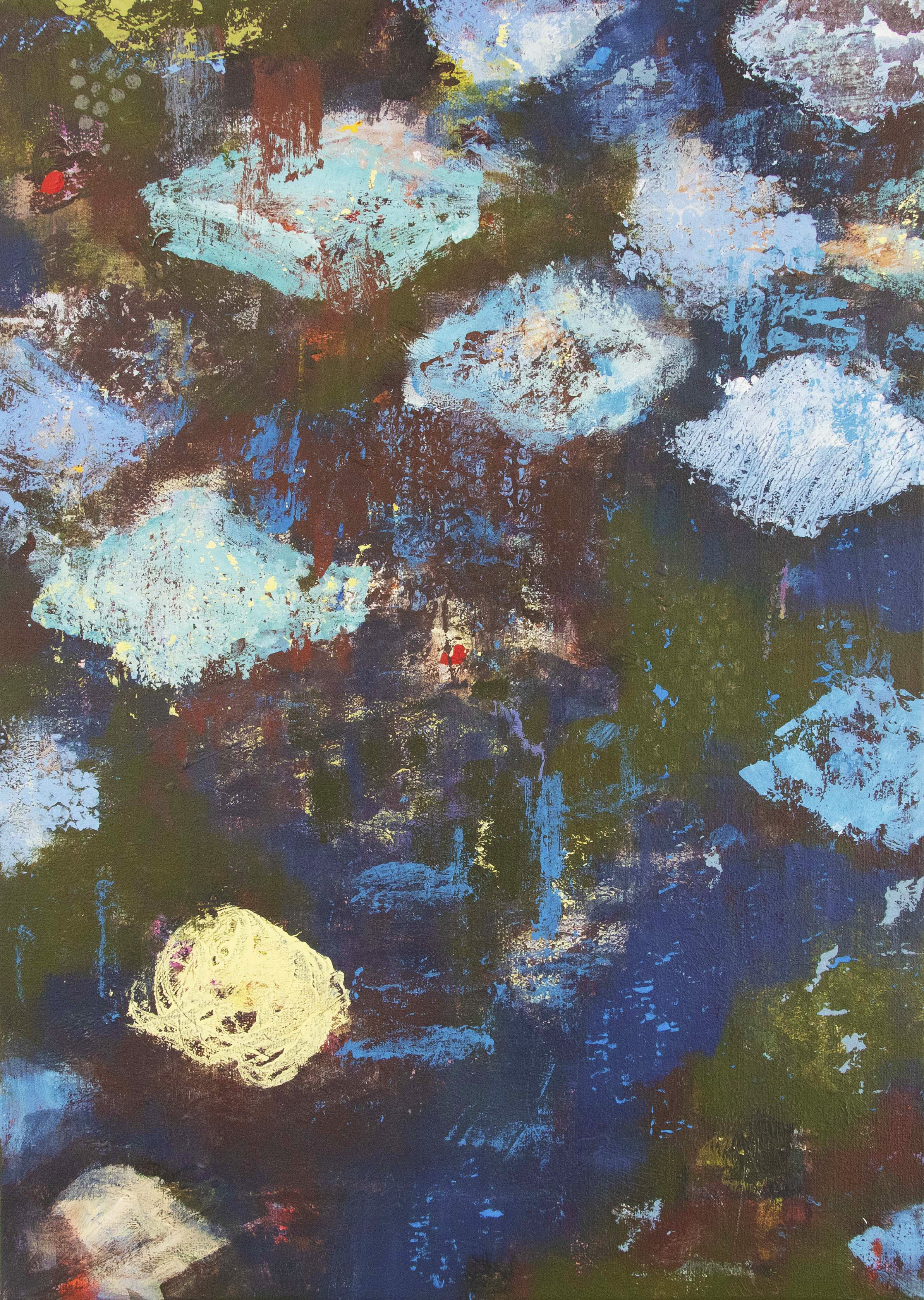 A middle-sized painting in green, blue and yellow