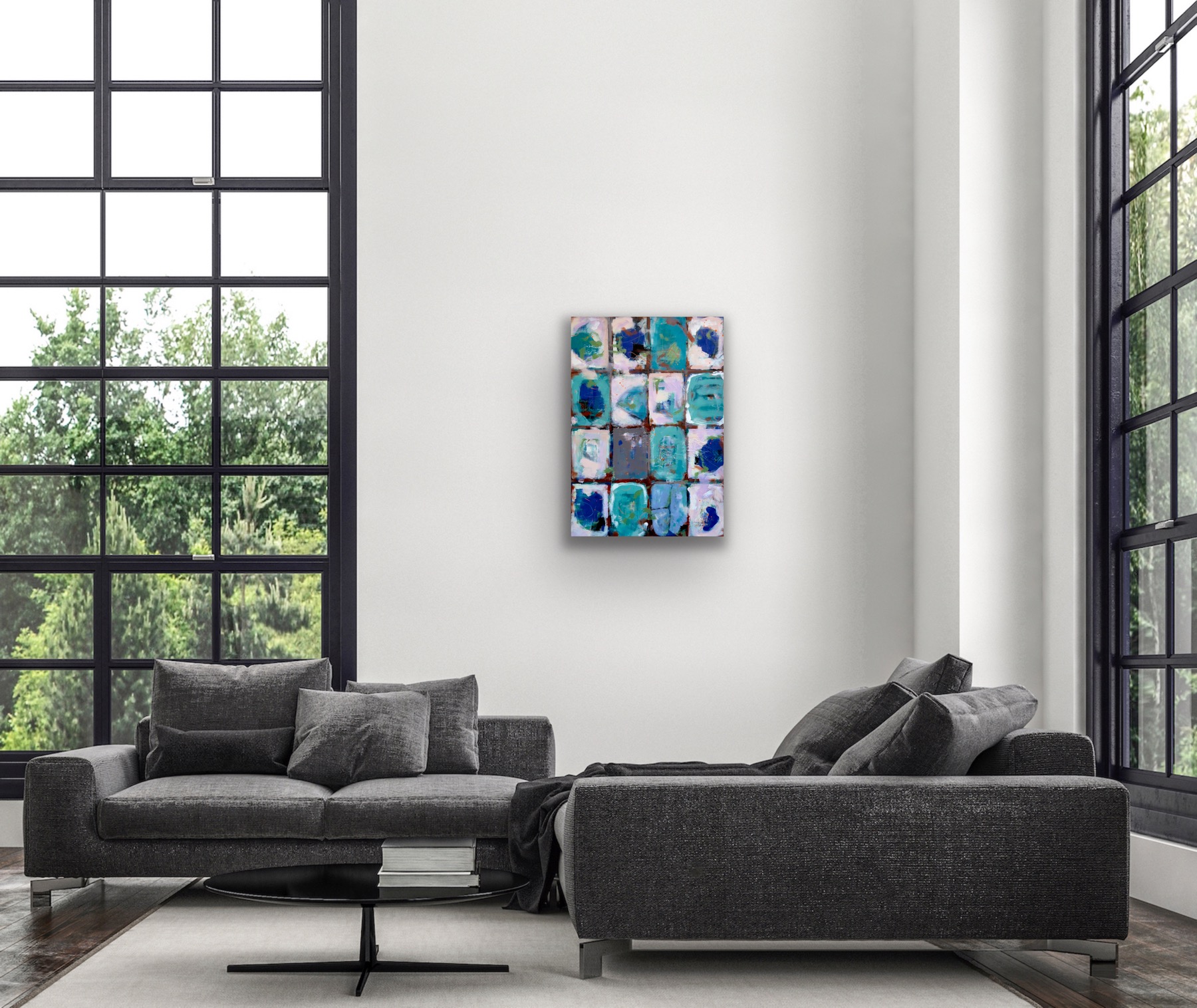 An abstract painting representing small blue and green windows on a wall