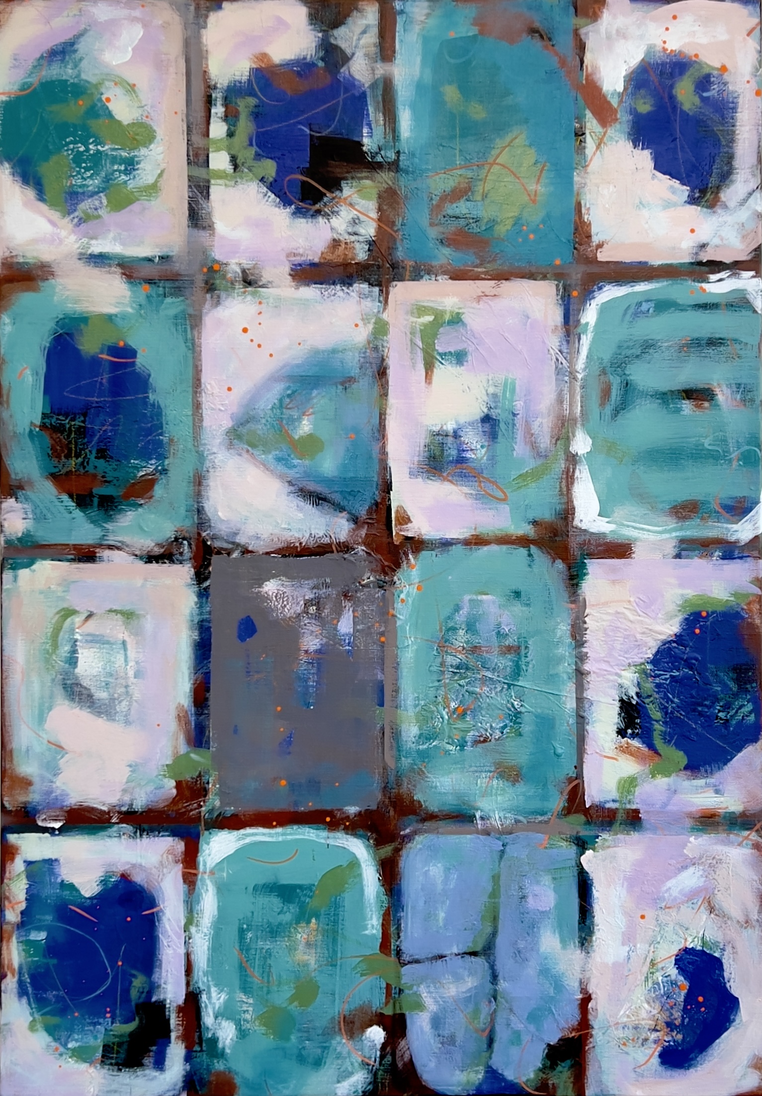 An abstract painting of windows set into a pavement. Colours blue, green and white.