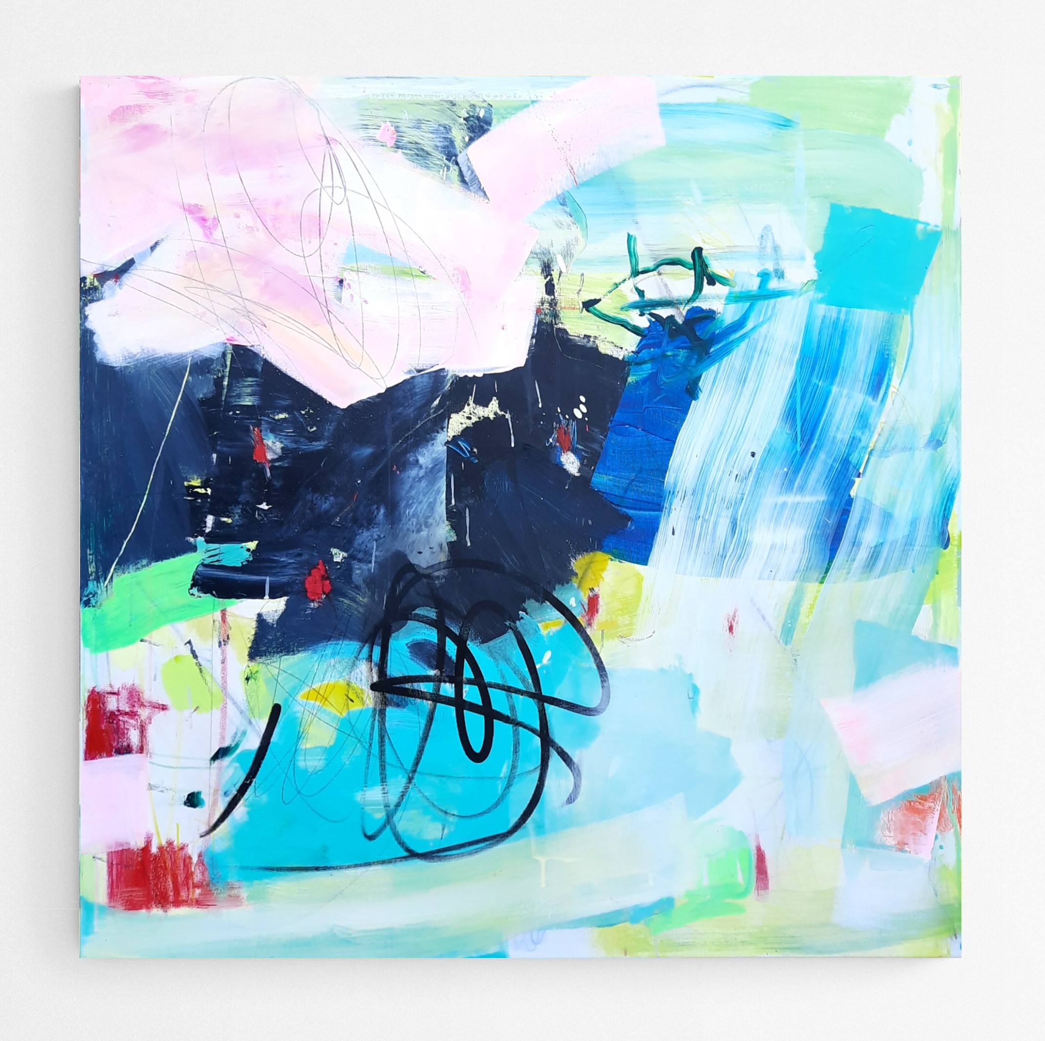 Toile contemporaine 100x100x2cm, acrylique, marqueurs, pastels, crayons, 2022, Roxane Malu