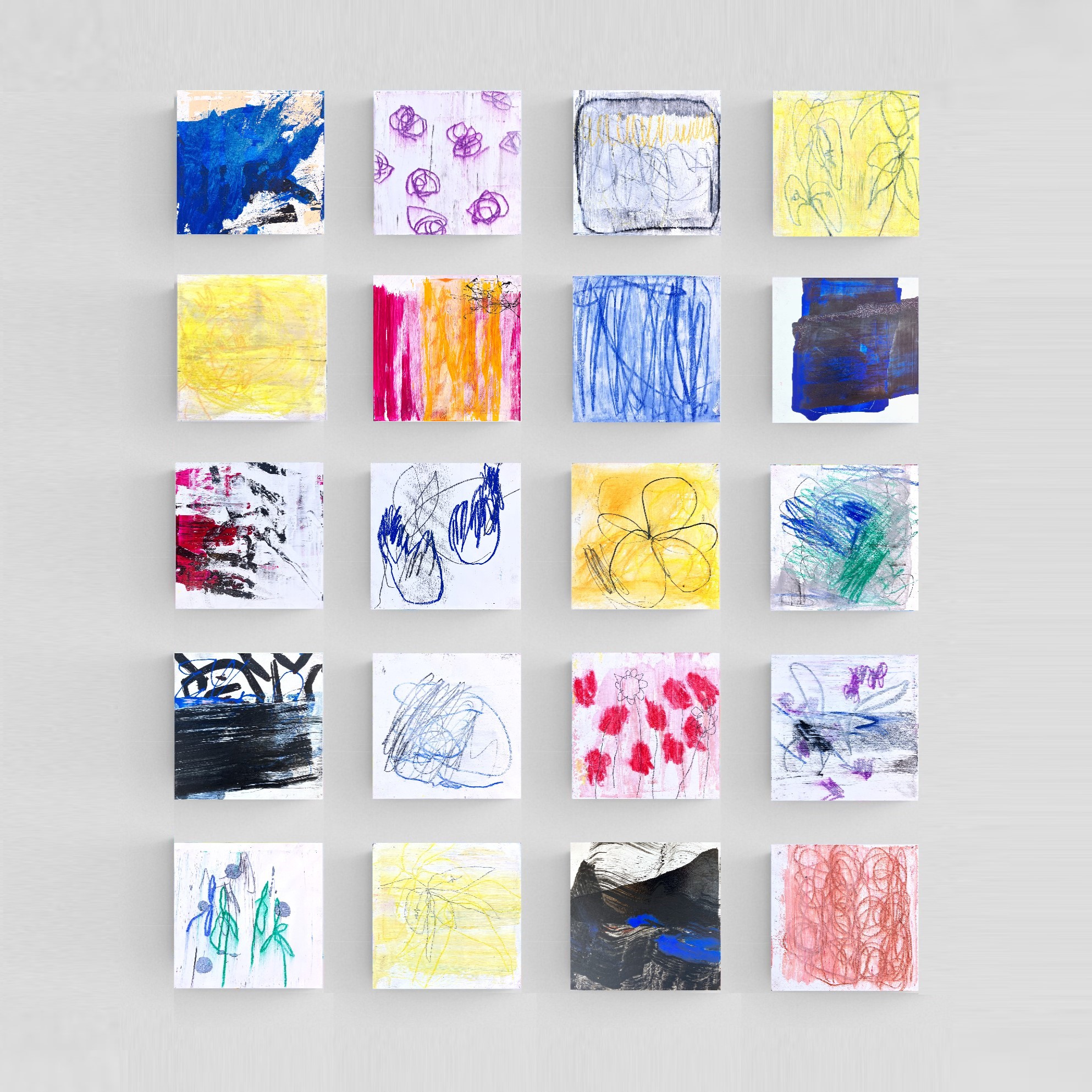 Oeuvre contemporaine 95/75/3cm, acrylique, encres, marqueurs, pastels, crayons sur 20 panneaux de bois 15/15/3cm. Bords peints, 2024, Roxane Malu