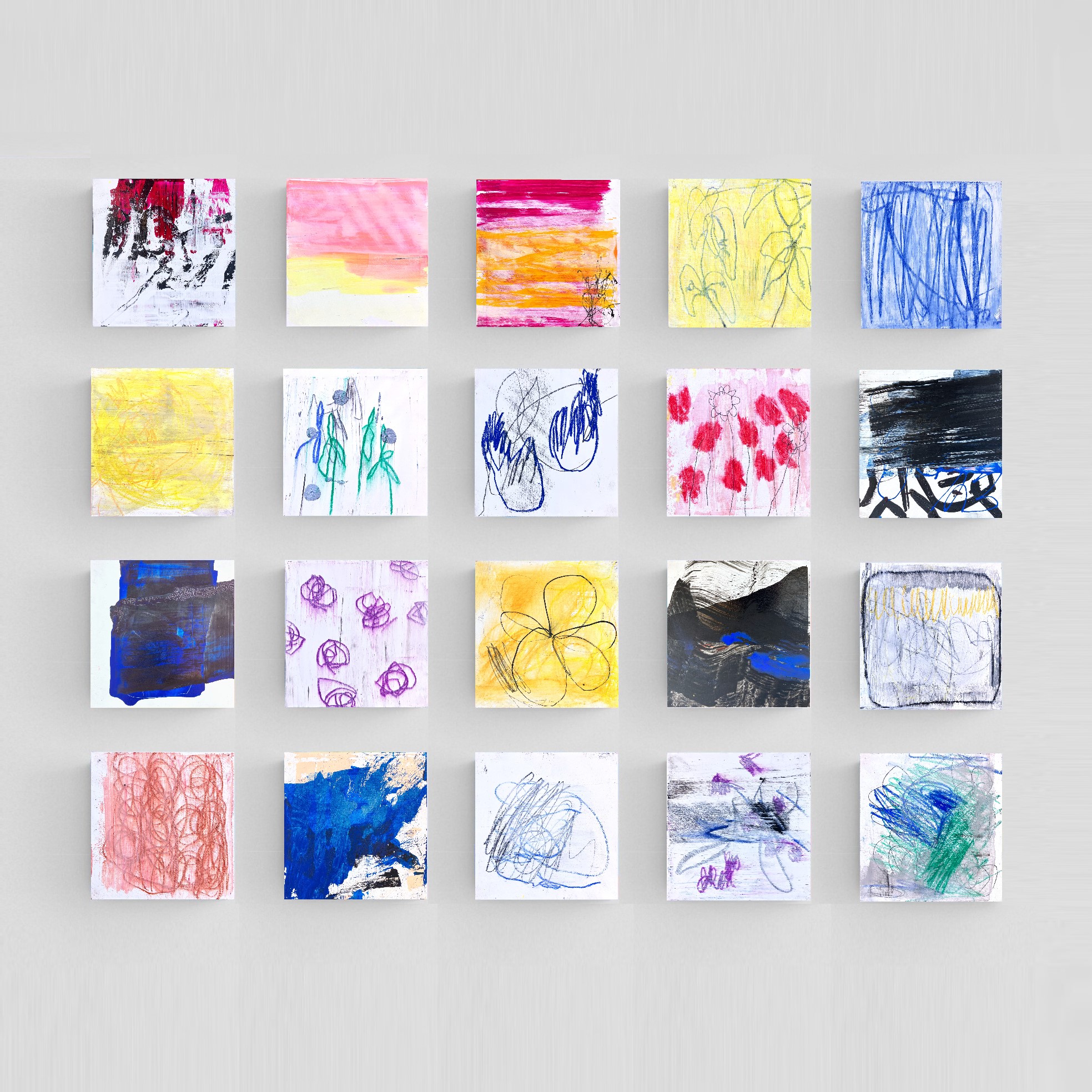 Oeuvre contemporaine 95/75/3cm, acrylique, encres, marqueurs, pastels, crayons sur 20 panneaux de bois 15/15/3cm. Bords peints, 2024, Roxane Malu