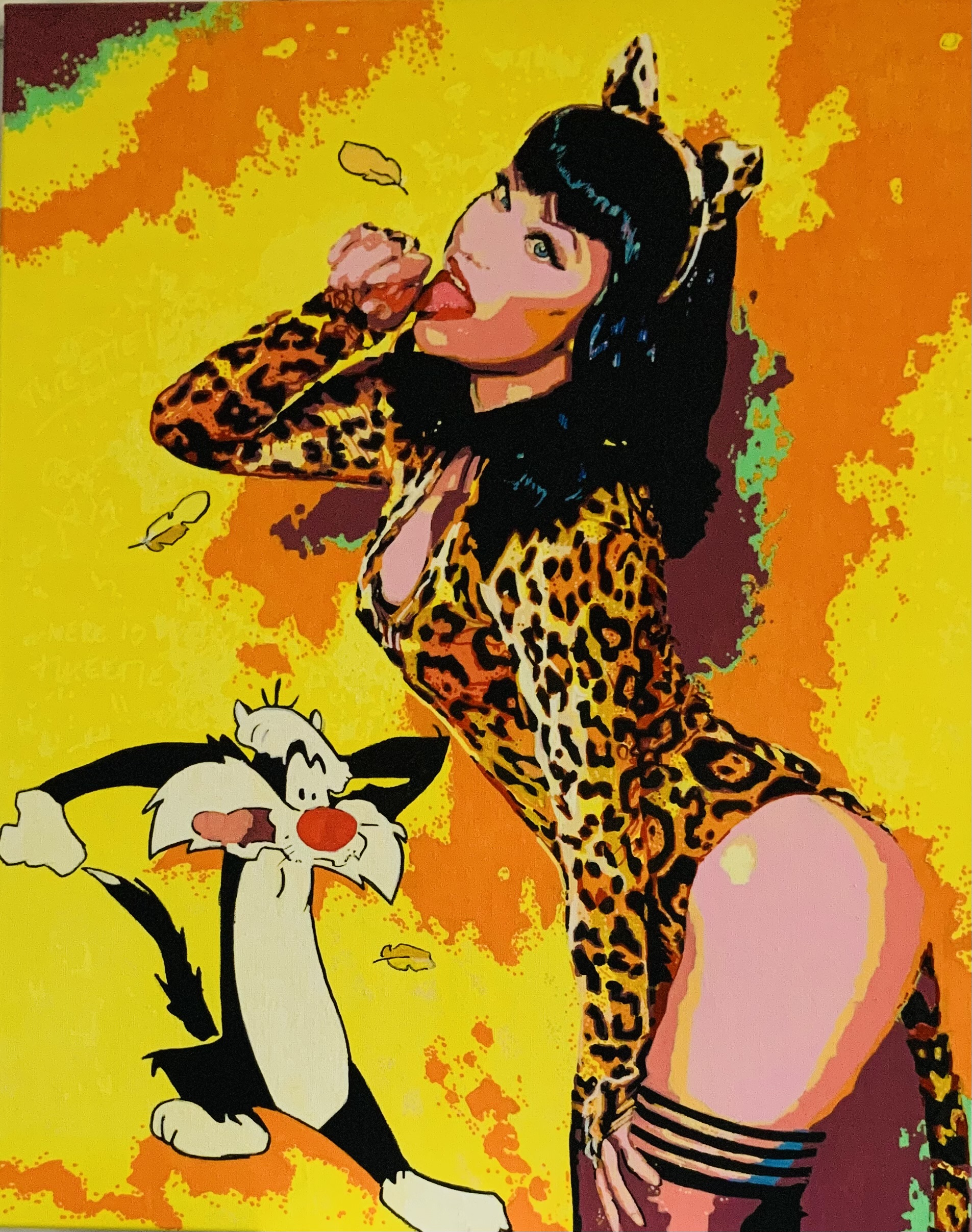 Pinup in panteroutfit met kater Sylvester (comics)