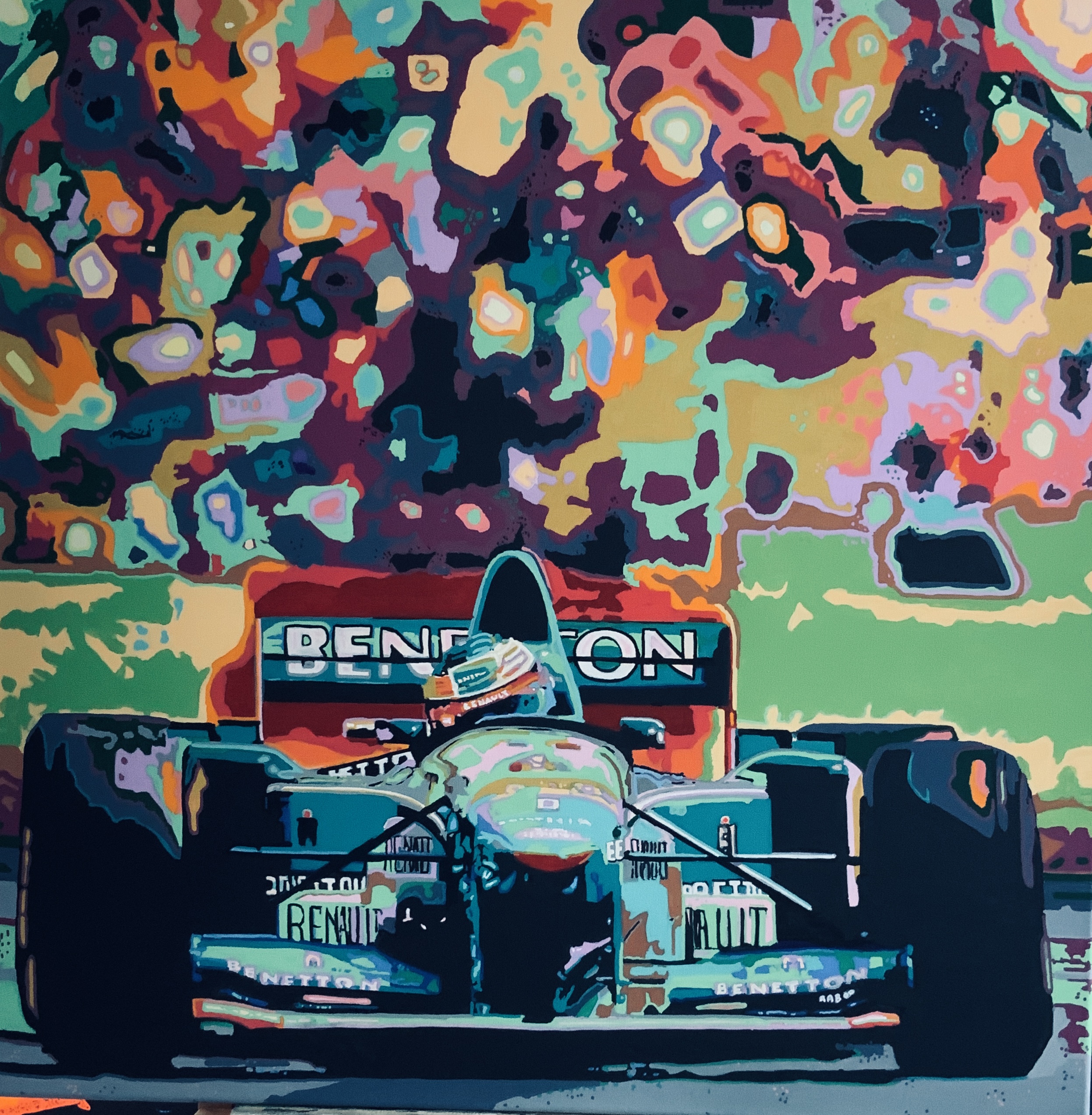 Formule 1 Benetton op de voorgrond, achtergrond publieks tribune 