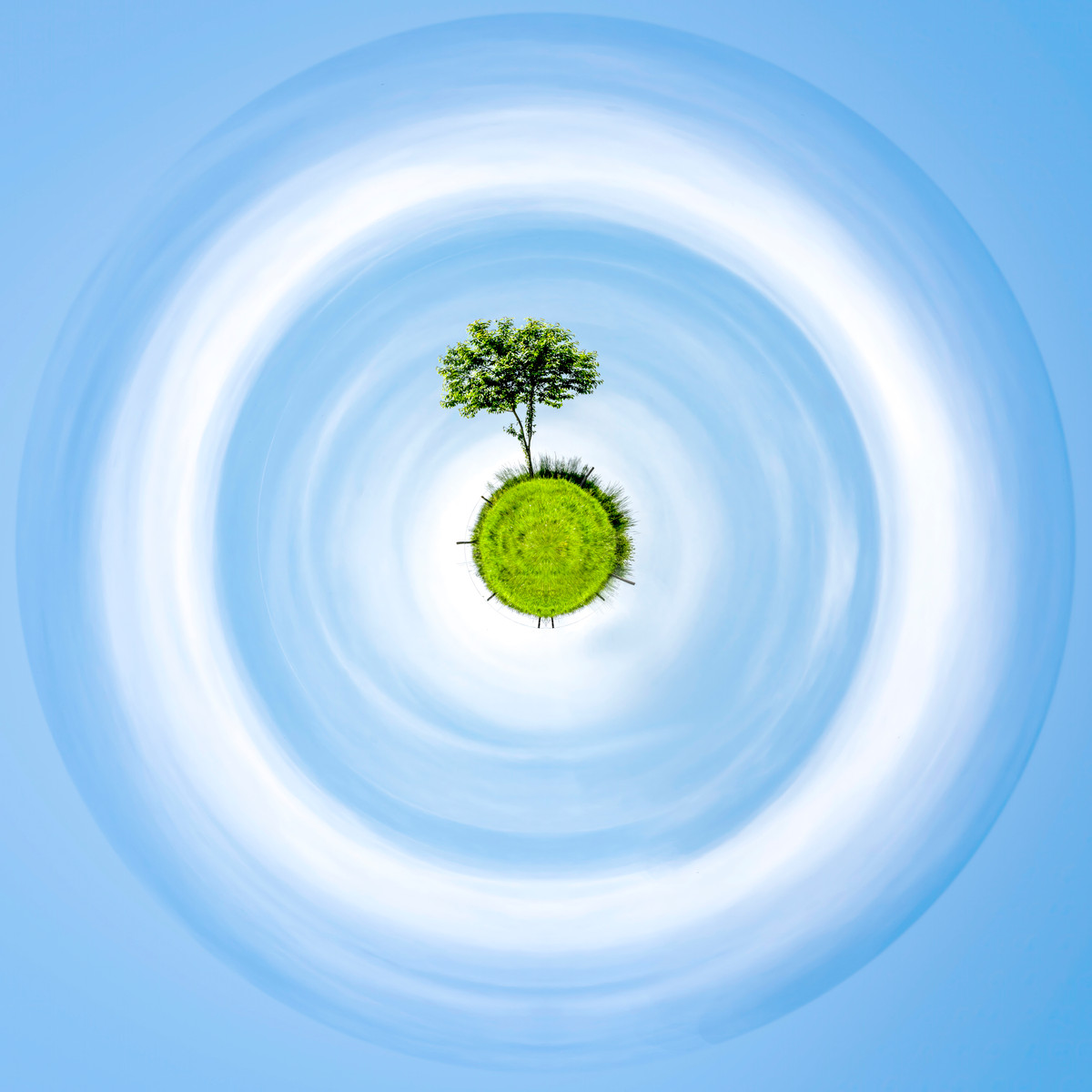 Photographie L'Arbre Solitaire de Paul Marnef – arbre isolé sur une planète verte flottant dans un ciel bleu lumineux, tirage d’art en édition limitée