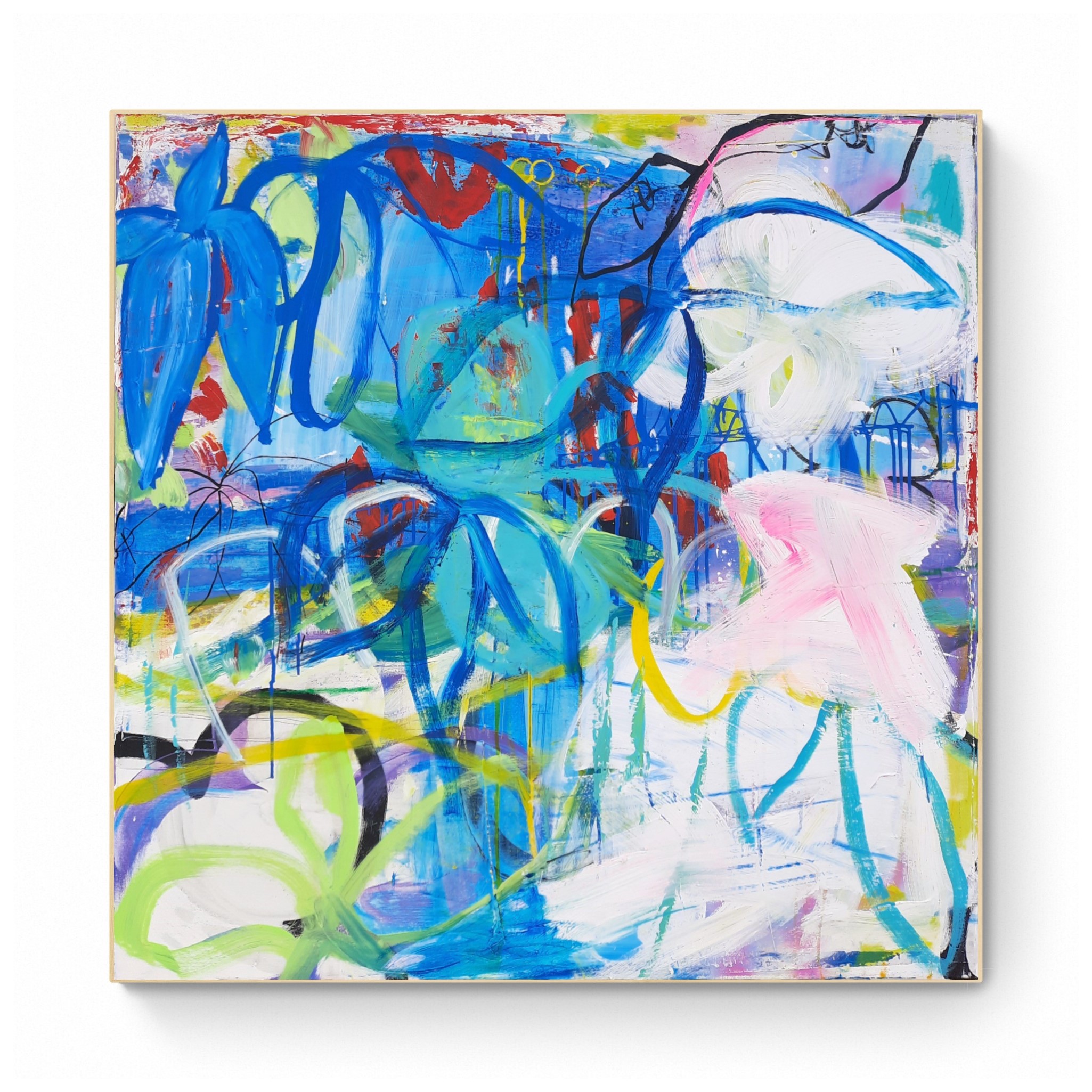 Toile contemporaine 100/100/4cm, acrylique, encres, peinture en bombe, 2023, Roxane Malu