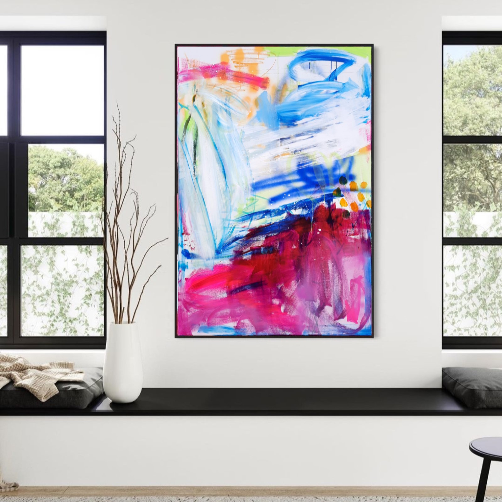 Toile contemporaine 150x100cm, acrylique, encres, peinture en bombe, 2023, Roxane Malu