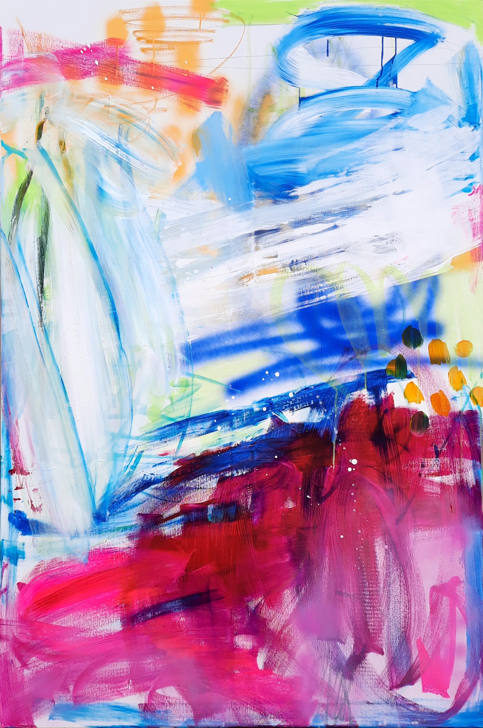 Toile contemporaine 150x100cm, acrylique, encres, peinture en bombe, 2023, Roxane Malu