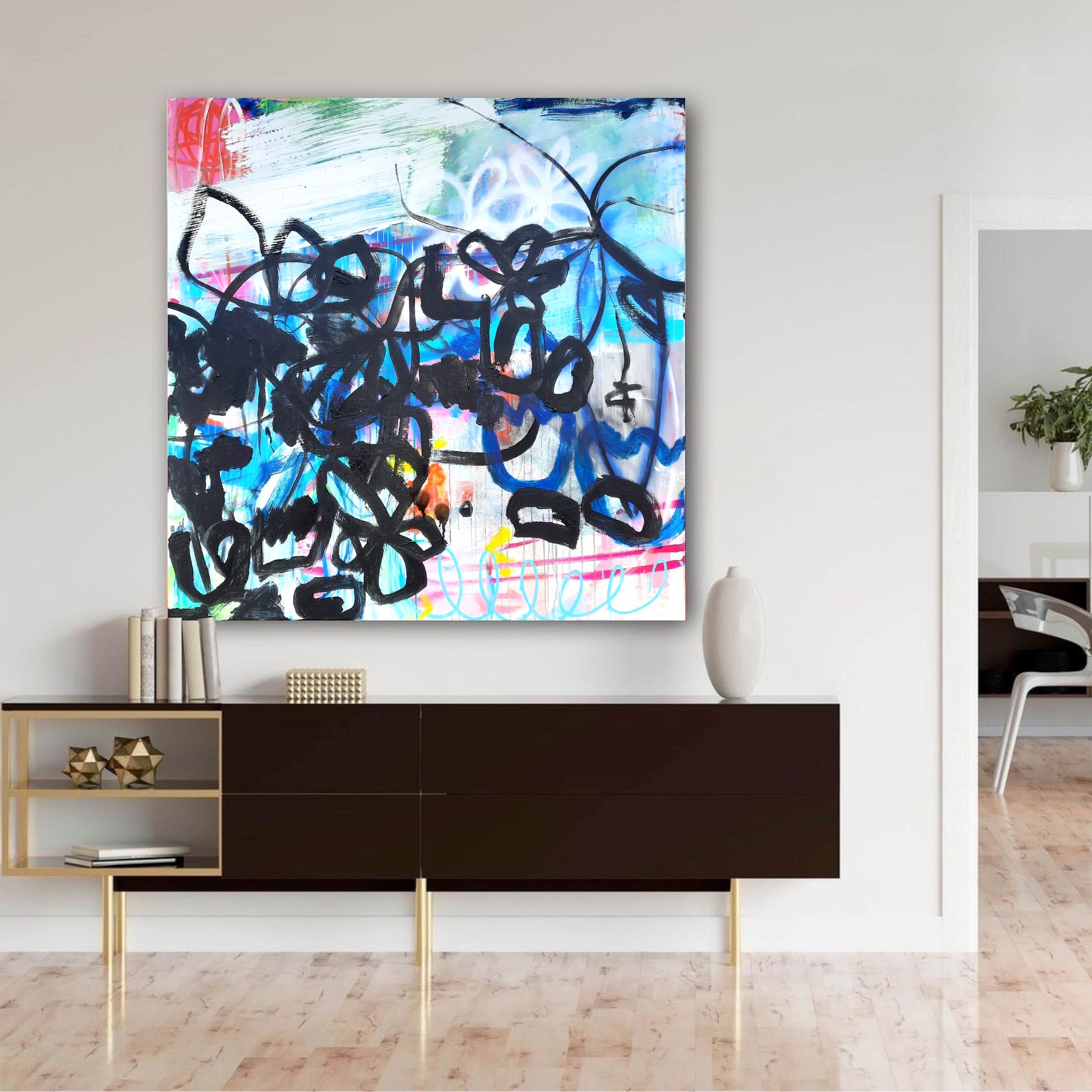 Toile contemporaine 120x120cm, acrylique, marqueurs, encre de Chine et peinture en bombe, 2023, Roxane Malu