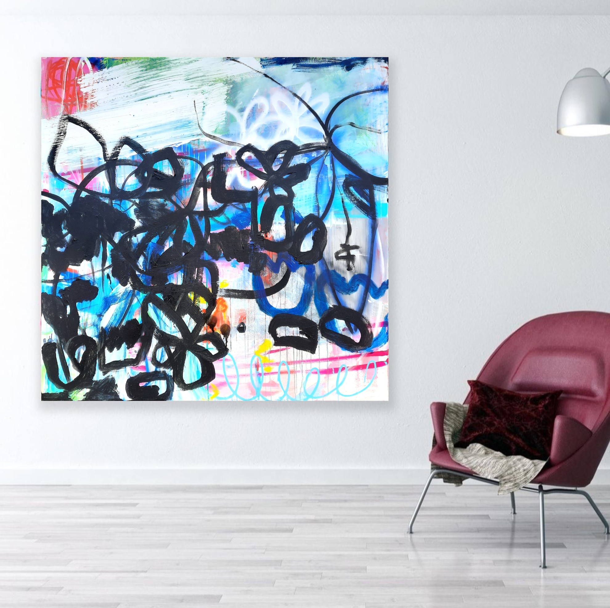 Toile contemporaine 120x120cm, acrylique, marqueurs, encre de Chine et peinture en bombe, 2023, Roxane Malu
