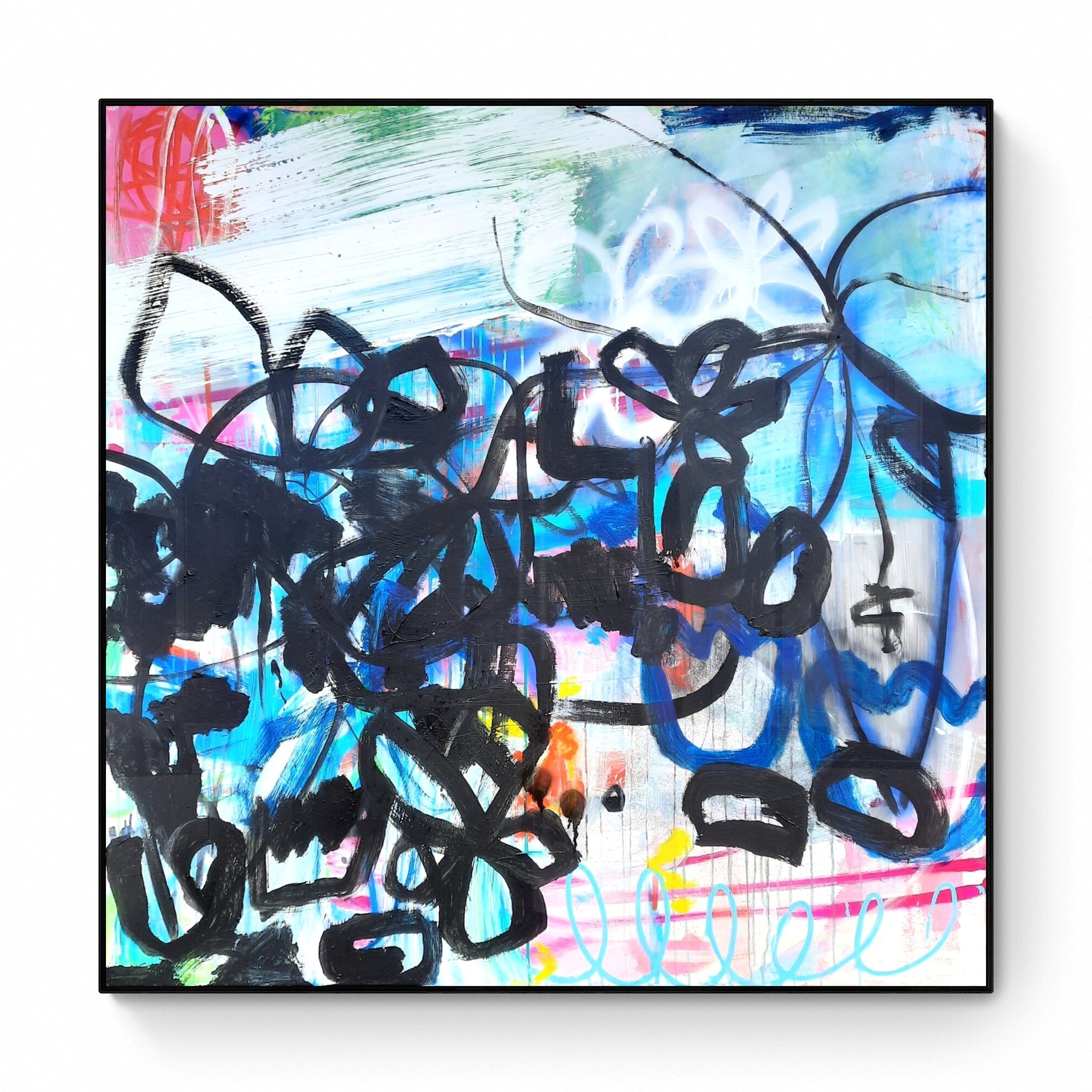 Toile contemporaine 120x120cm, acrylique, marqueurs, encre de Chine et peinture en bombe, 2023, Roxane Malu