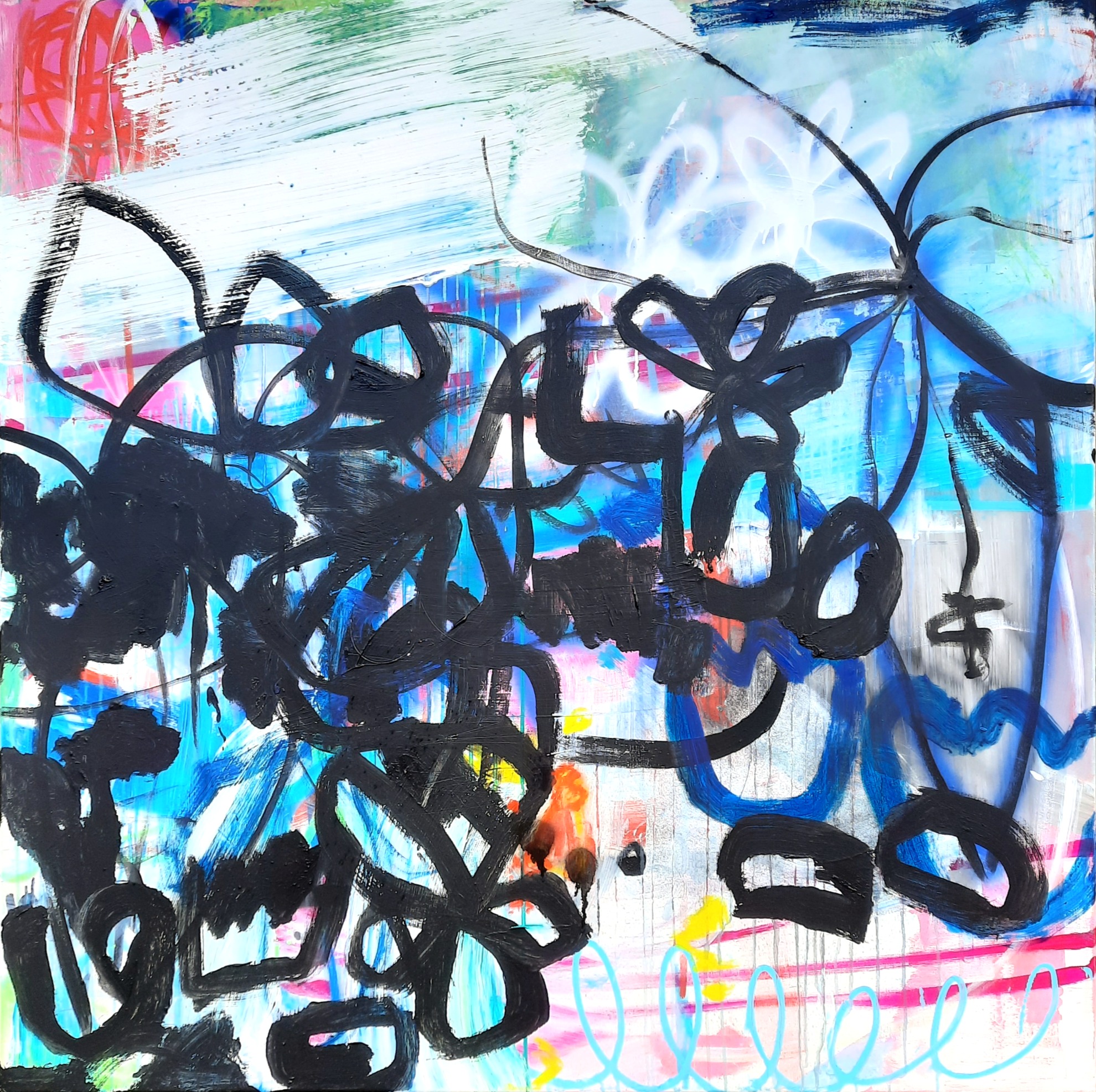 Toile contemporaine 120x120cm, acrylique, marqueurs, encre de Chine et peinture en bombe, 2023, Roxane Malu