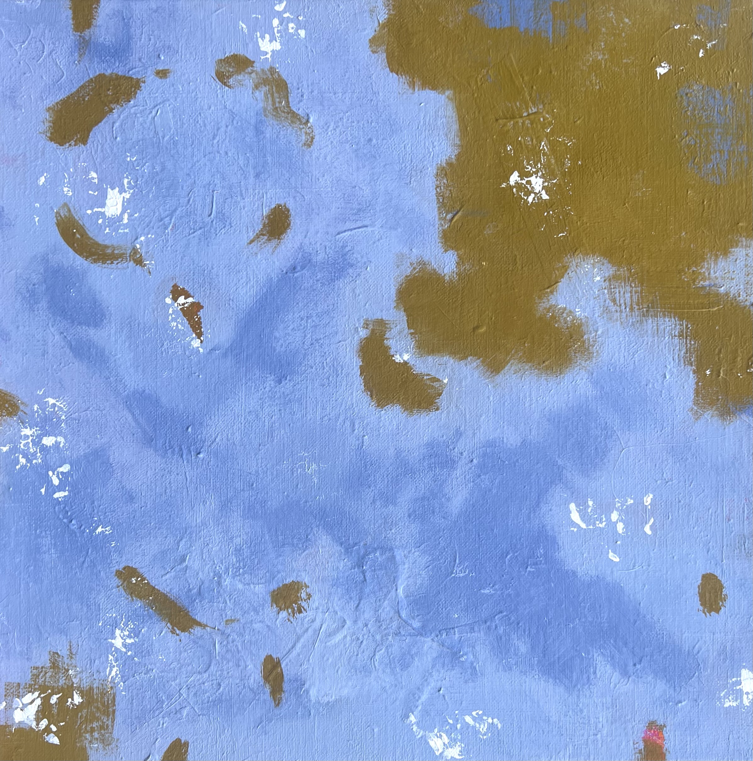 A photo of an abstract painting in pale blue and warm ochre. 