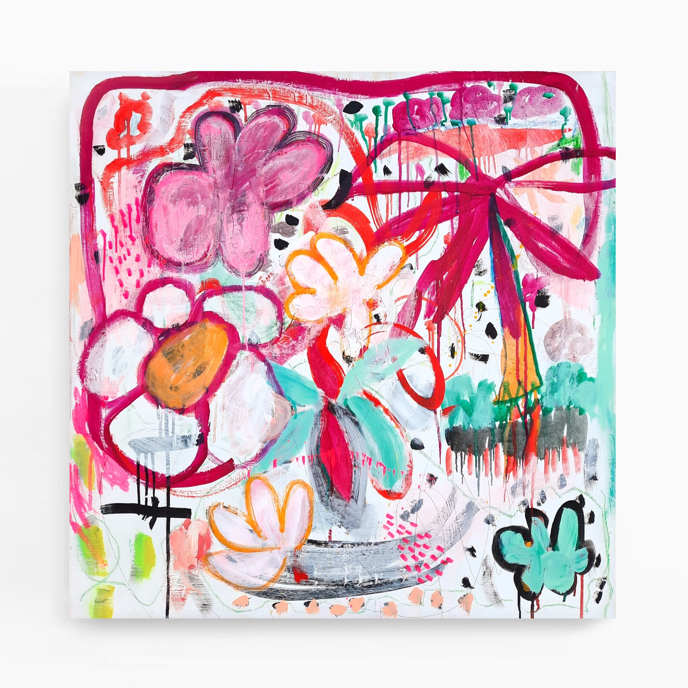 Toile contemporaine 100x100x4cm, acrylique, encres, crayons, 2023, Roxane Malu