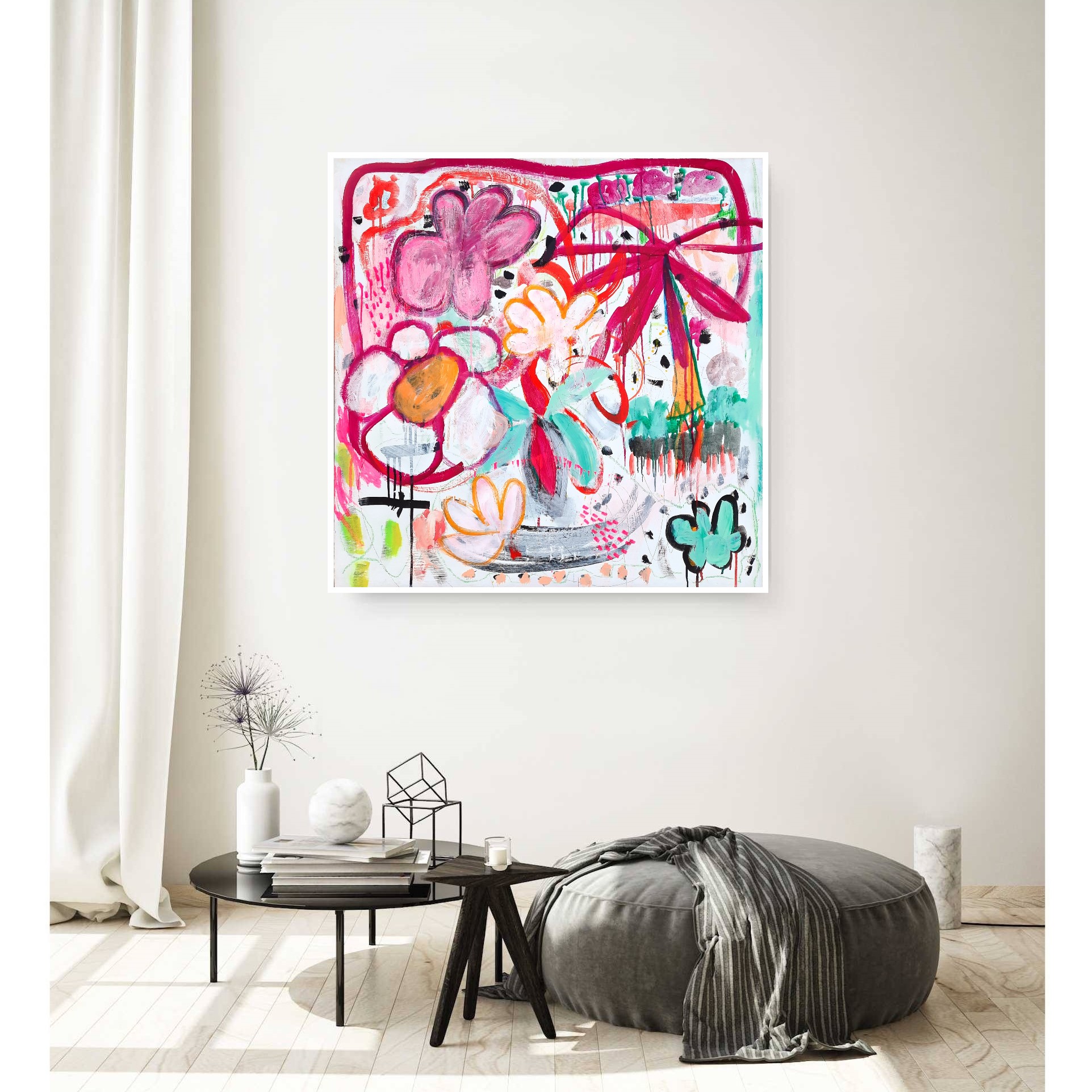 Toile contemporaine 100x100x4cm, acrylique, encres, crayons, 2023, Roxane Malu