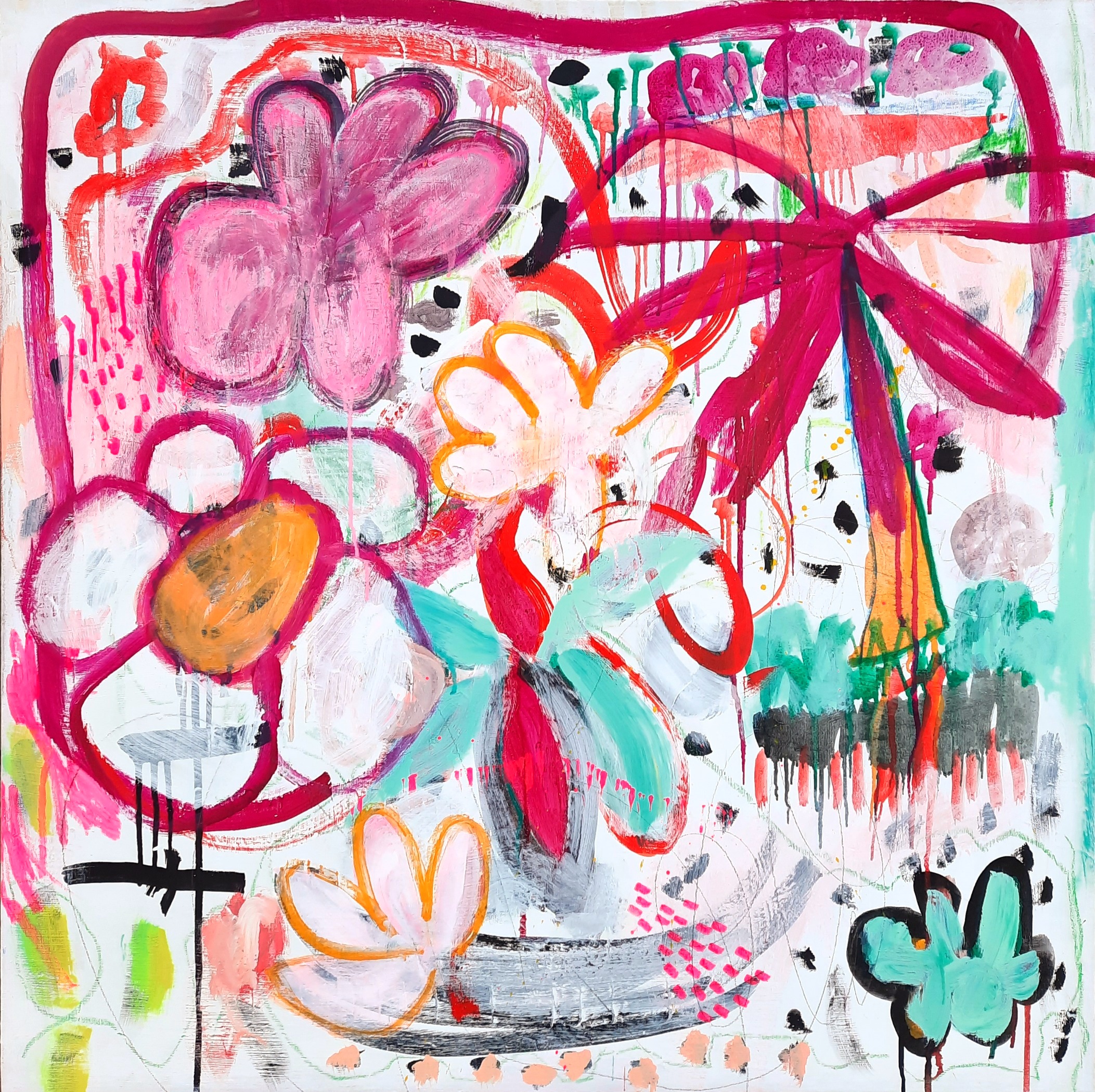 Toile contemporaine 100x100x4cm, acrylique, encres, crayons, 2023, Roxane Malu