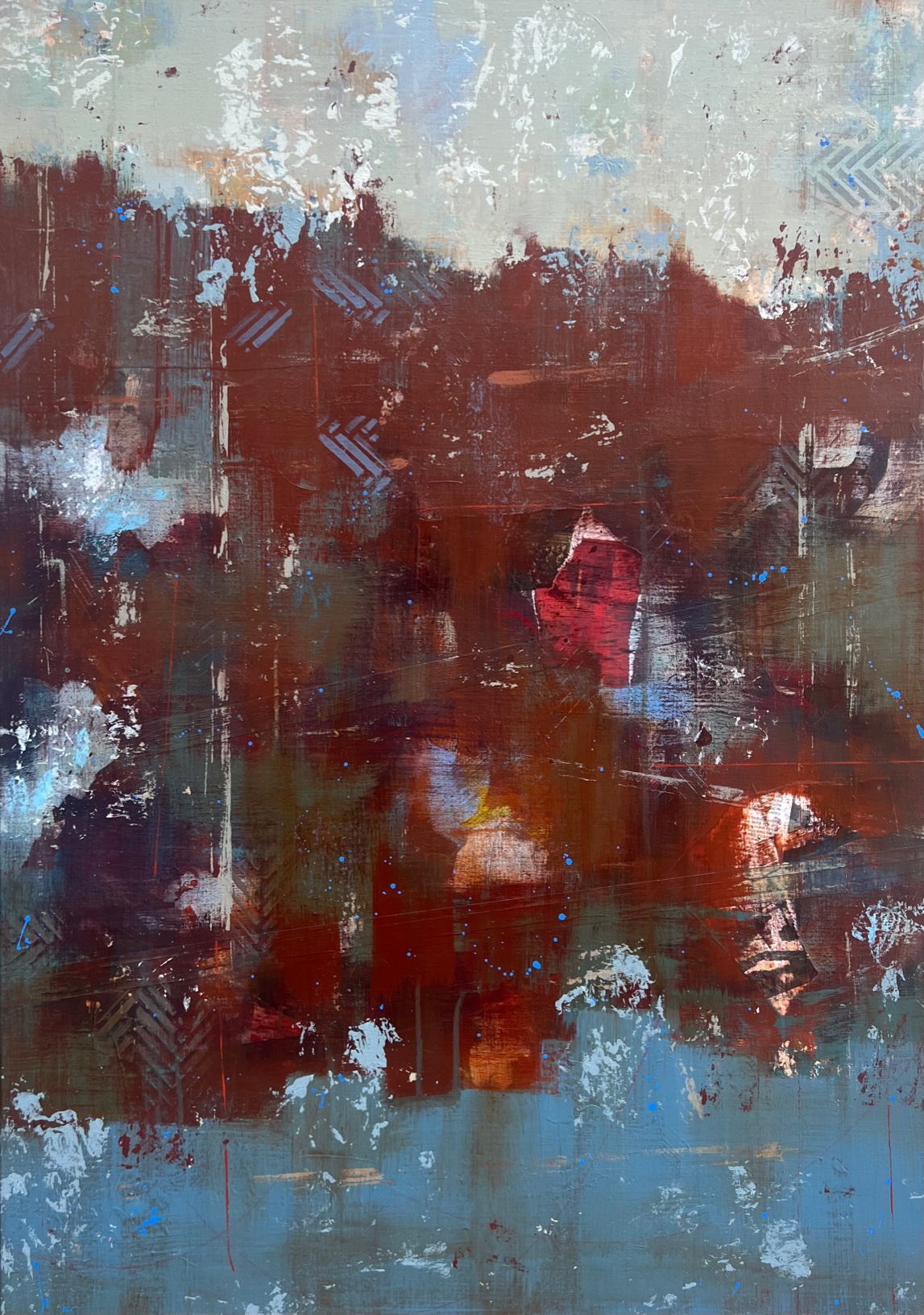 An abstract painting in blue and burnt sienna. Acrylic paint and collage.