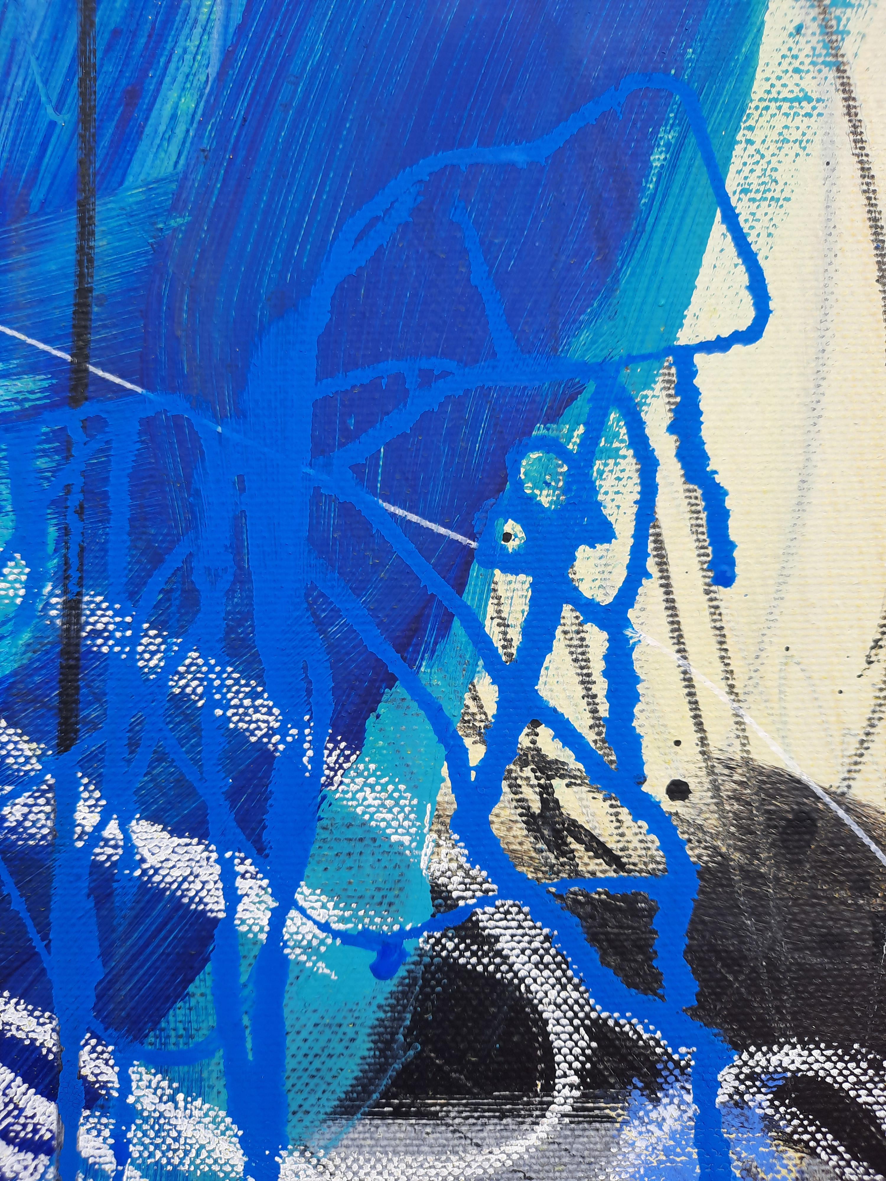 Détail toile contemporaine 70/70/2cm, acrylique, encres, encre de Chine, pastels, crayons, 2023, Roxane Malu