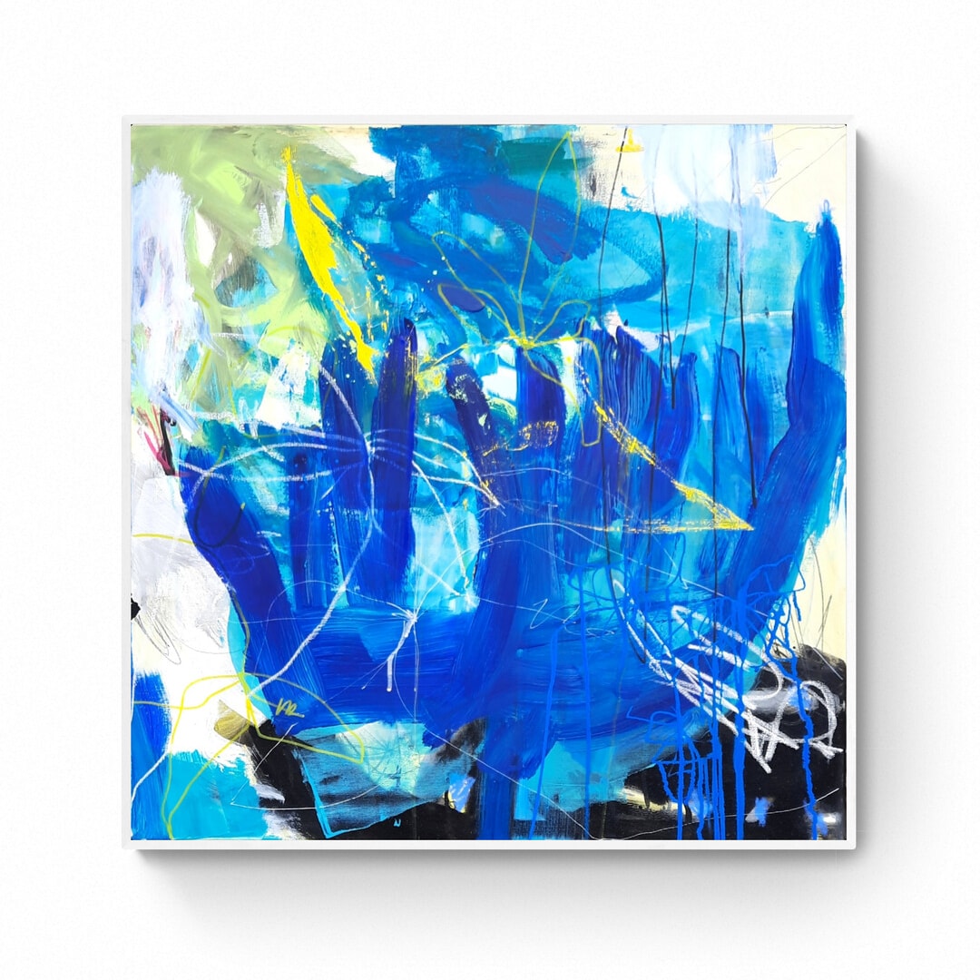 Toile contemporaine 70/70/2cm, acrylique, encres, encre de Chine, pastels, crayons, 2023, Roxane Malu