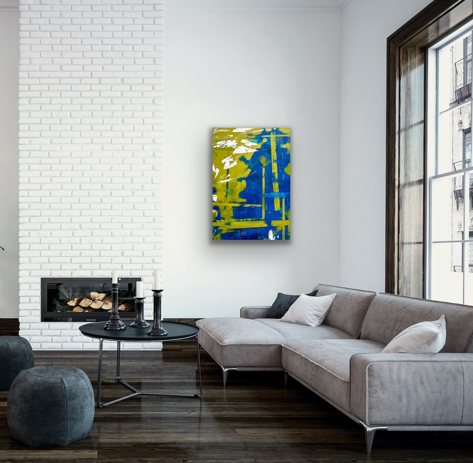 An abstract green and blue painting in a living room