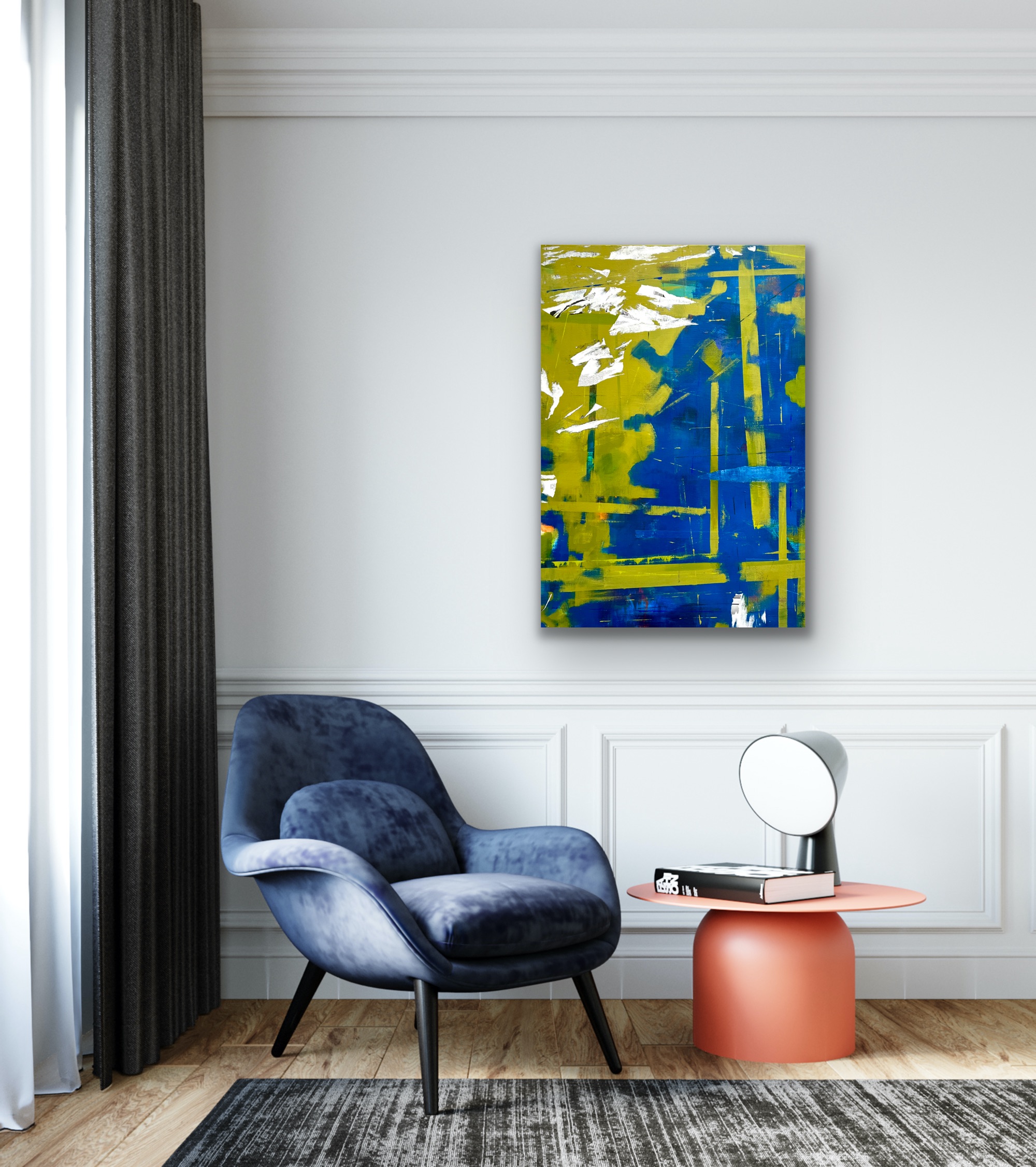 A blue and green abstract painting in a sitting room