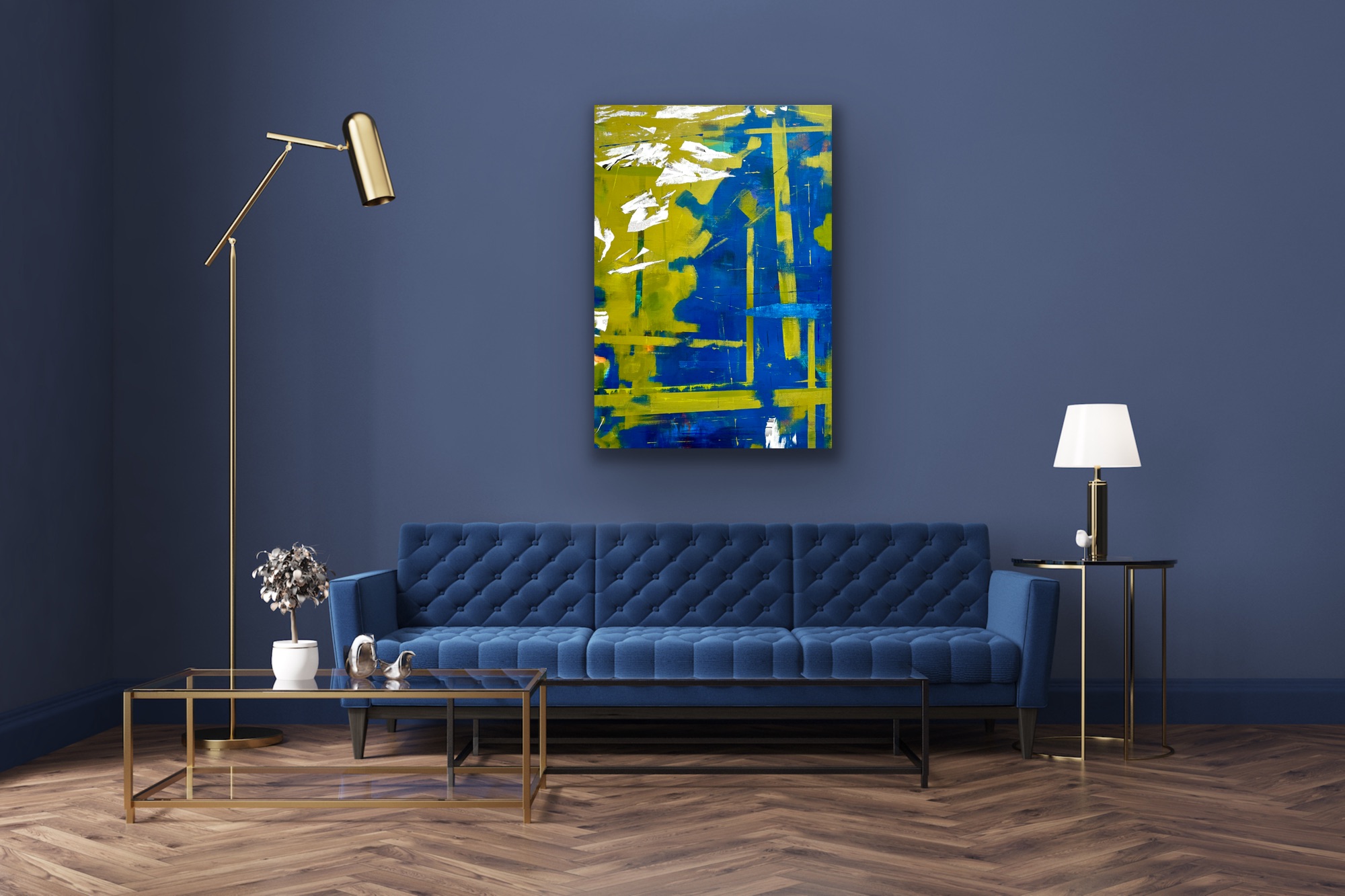A blue and green abstract painting on a blue wall