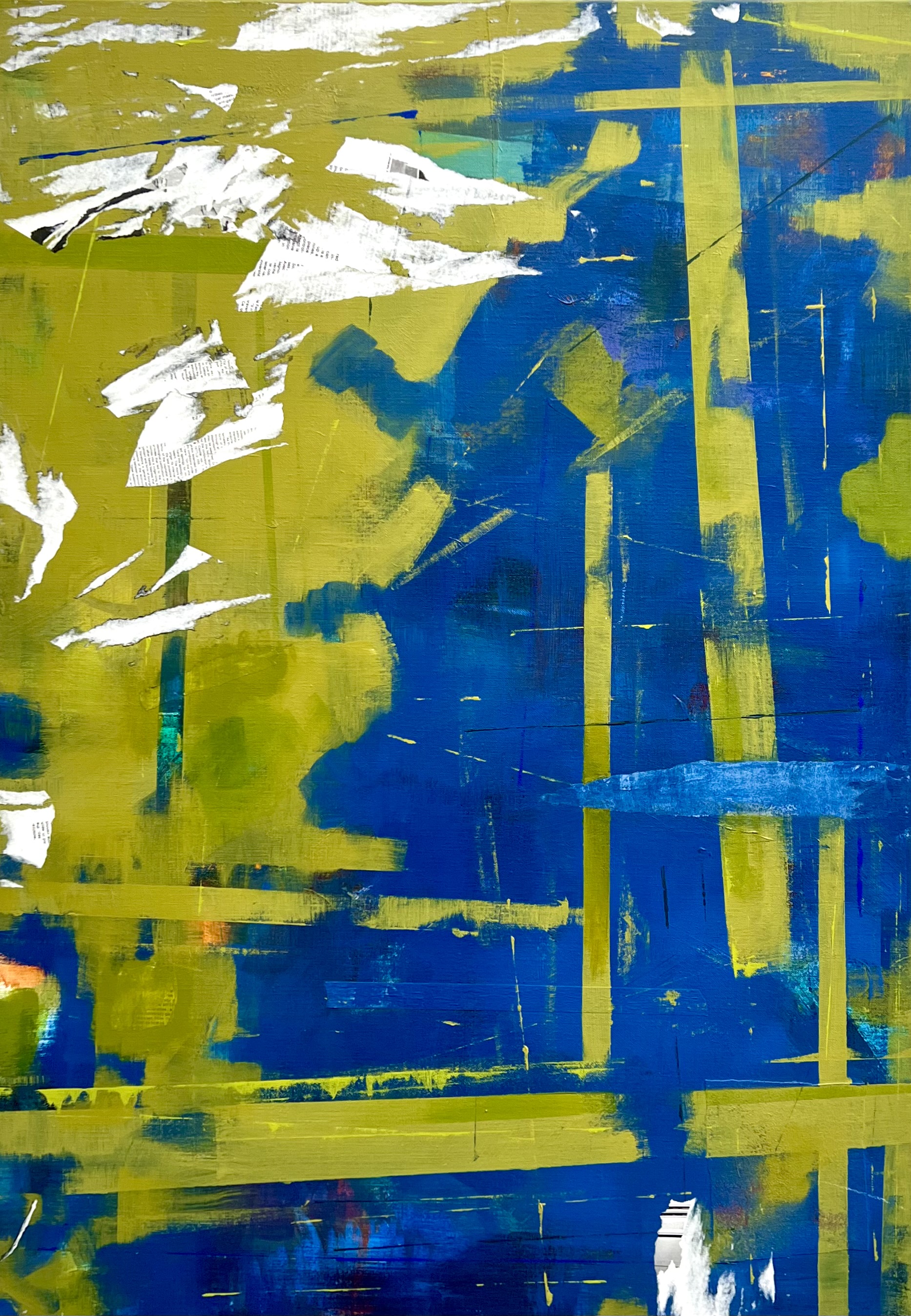 An abstract painting in blue, green and white