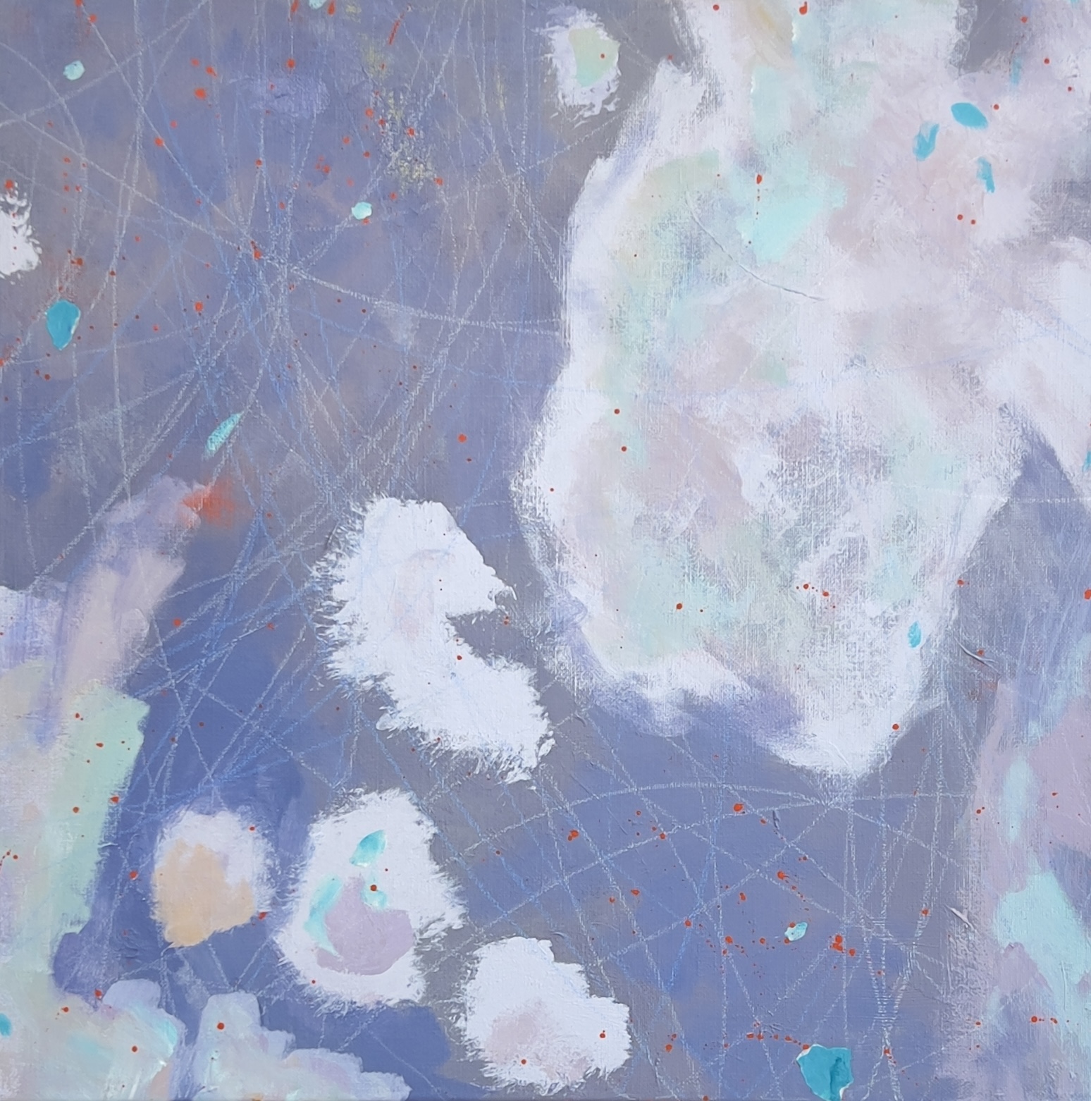 A square abstract painting in soft greys