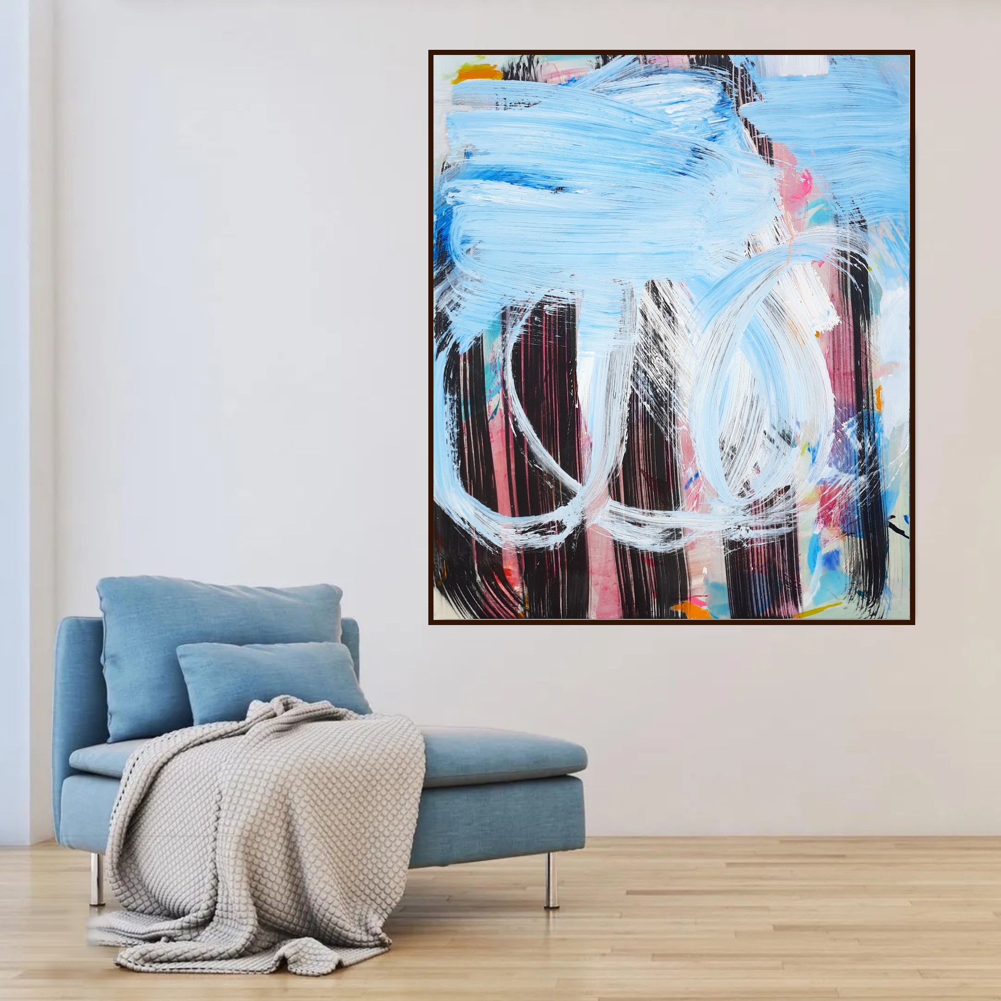 Toile contemporaine abstraite 120x100x4cm, acrylique, pastels et encre de Chine, signée Roxane Malu 2022