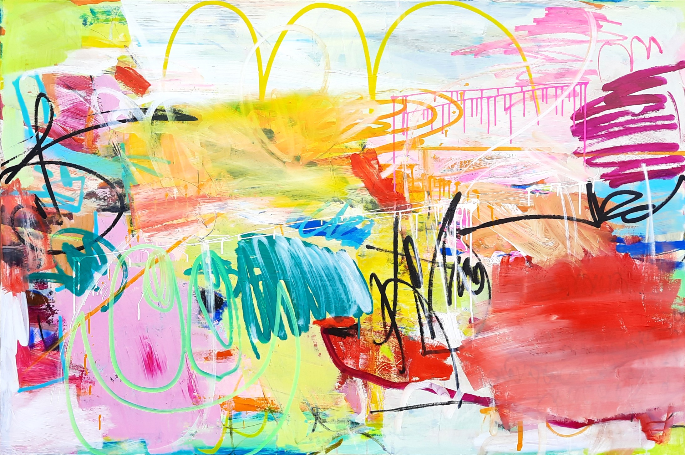 Toile 150x100x2cm, acrylique, pastels, marqueurs, encres. Art abstrait, contemporain. Oeuvre originale, Roxane Malu, 2022