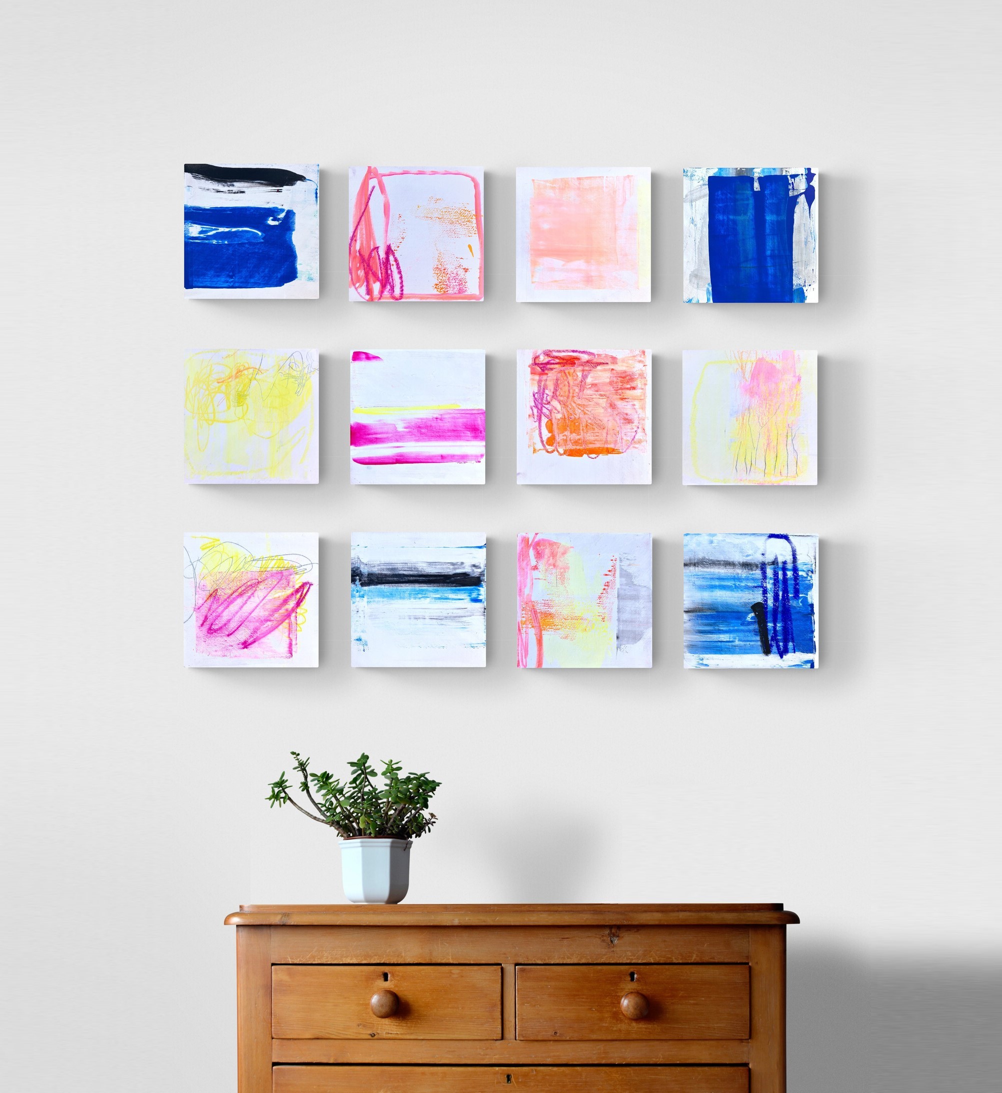 Oeuvre contemporaine 120/120/3cm, acrylique, encres, marqueurs, pastels, crayons sur 25 panneaux de bois 20/20/3cm. Bords peints, 2024, Roxane Malu