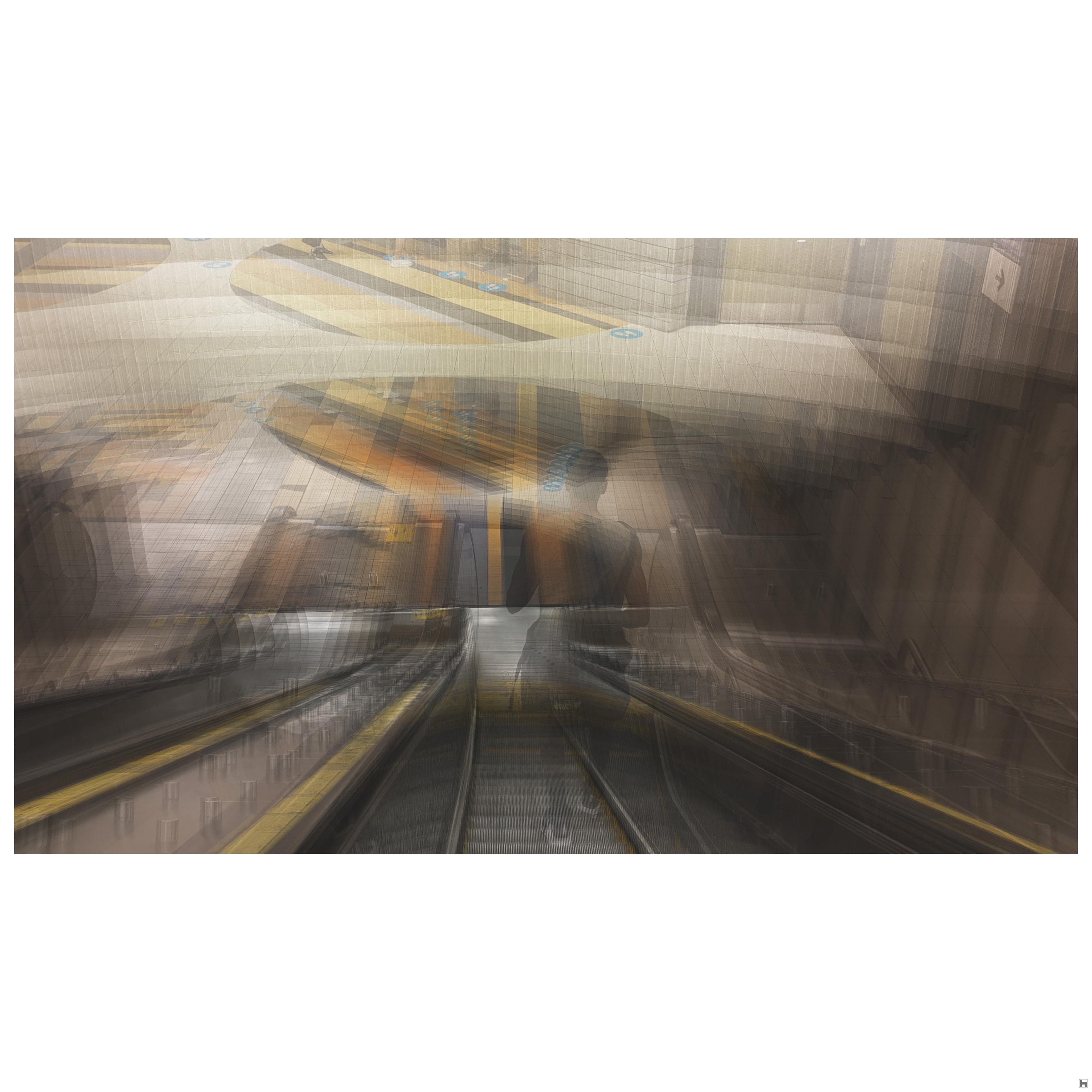 A multilayered photo of a metro station escalator with someone running down