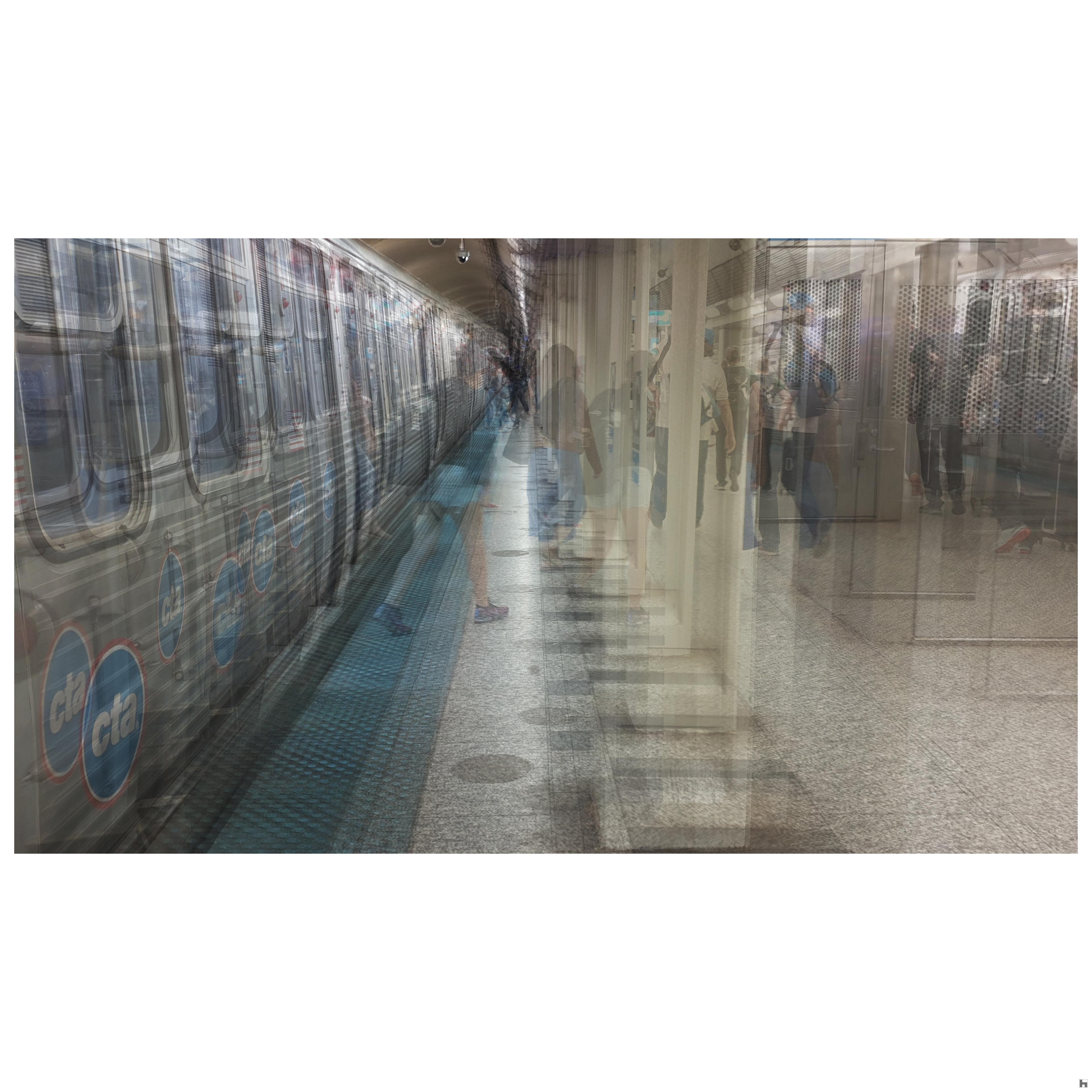 A multilayered photo of a metro station in Chicago